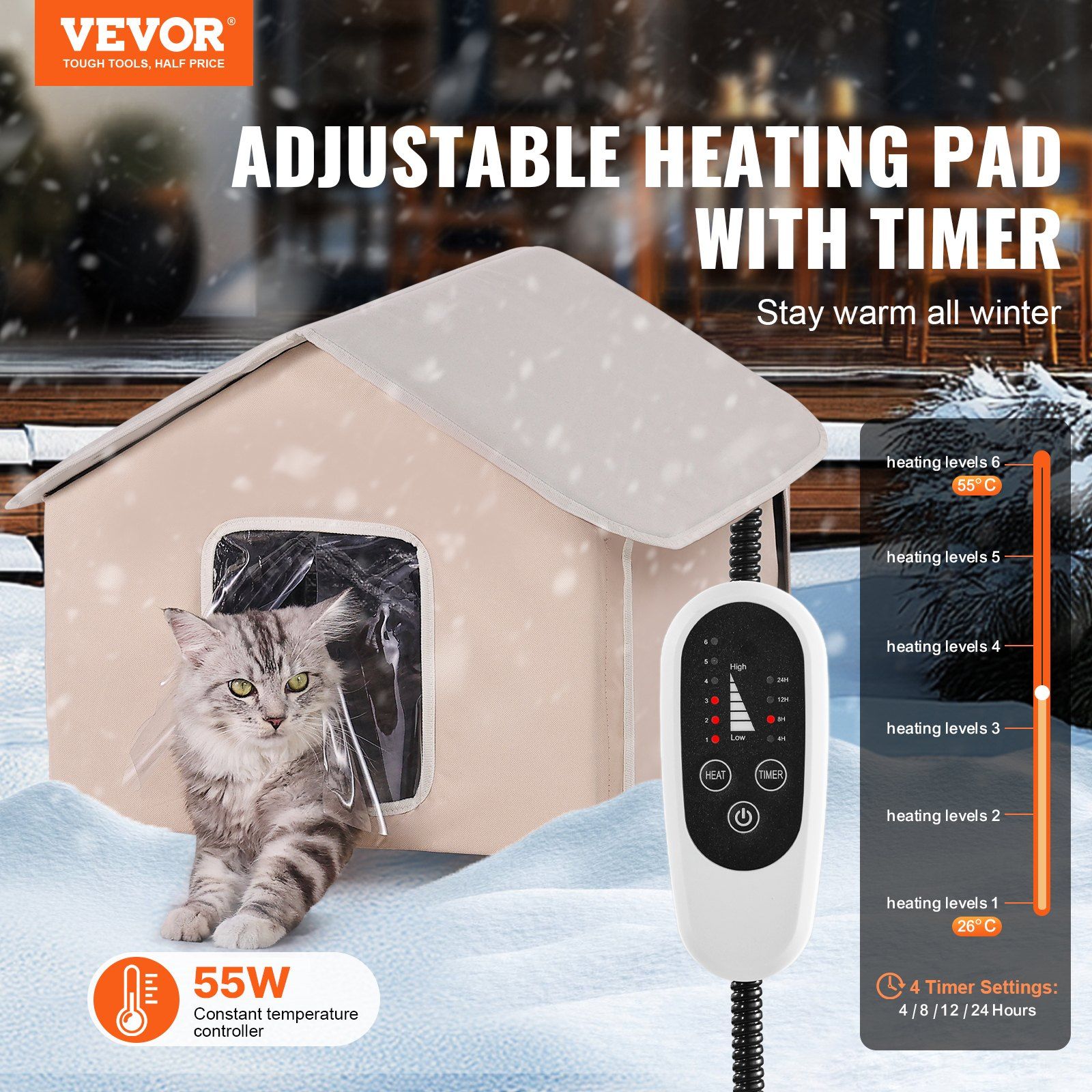 Elevated Heated Cat House, Outdoor Kitty Shelter with Timer, 600D Oxford Cloth Foldable Cat Shelter with V952-FWSBYMBHSNJBXCGRFV3