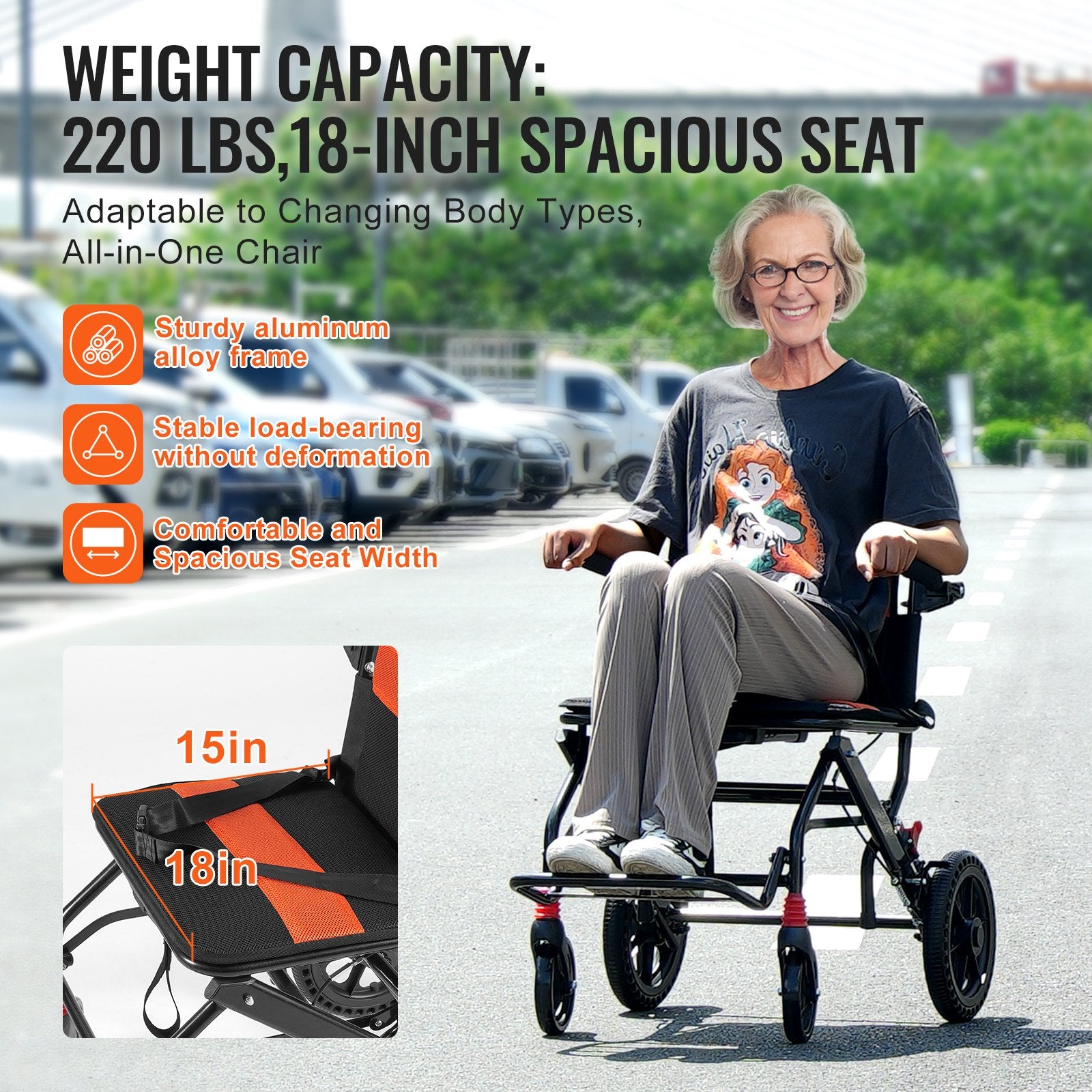 Wheelchair Aluminum Alloy Transport Chair Foldable 18-In W Seat 220lbs V952-FWYSLYLHJSX1TQ05XV0