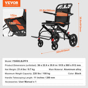 Wheelchair Aluminum Alloy Transport Chair Foldable 18-In W Seat 220lbs V952-FWYSLYLHJSX1TQ05XV0