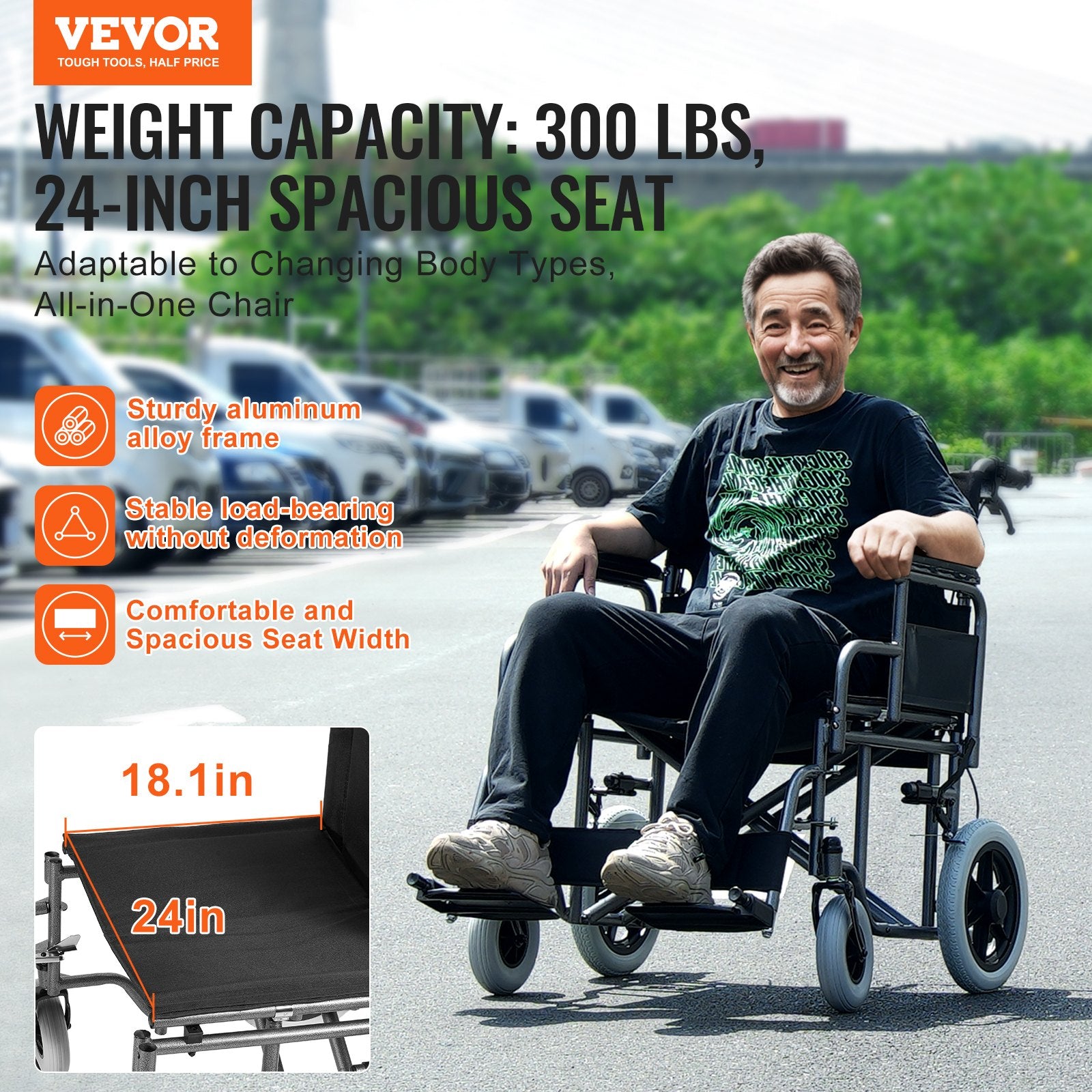 Wheelchair Steel Transport Chair Foldable Wheelchair 24-In W Seat 300lbs V952-FWYSLYTGHX24GCRZ7V0