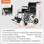 Wheelchair Steel Transport Chair Foldable Wheelchair 24-In W Seat 300lbs V952-FWYSLYTGHX24GCRZ7V0