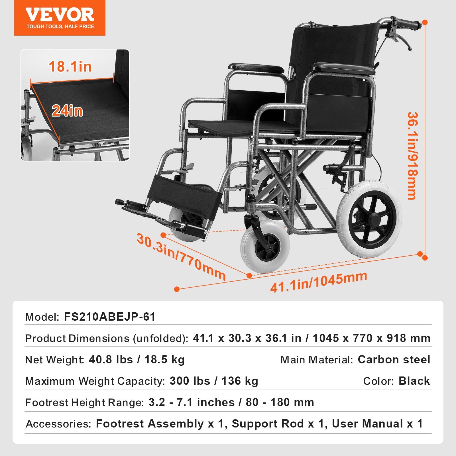 Wheelchair Steel Transport Chair Foldable Wheelchair 24-In W Seat 300lbs V952-FWYSLYTGHX24GCRZ7V0