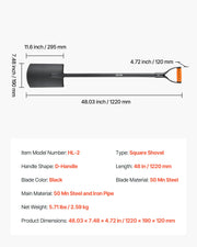 Square Shovel, 122 cm Heavy-Duty Flat Shovel, Transfer Shovels with Alloy Steel Blade and Non-Slip D-Handle, V952-FXCDXBS48INCH0K34001V0