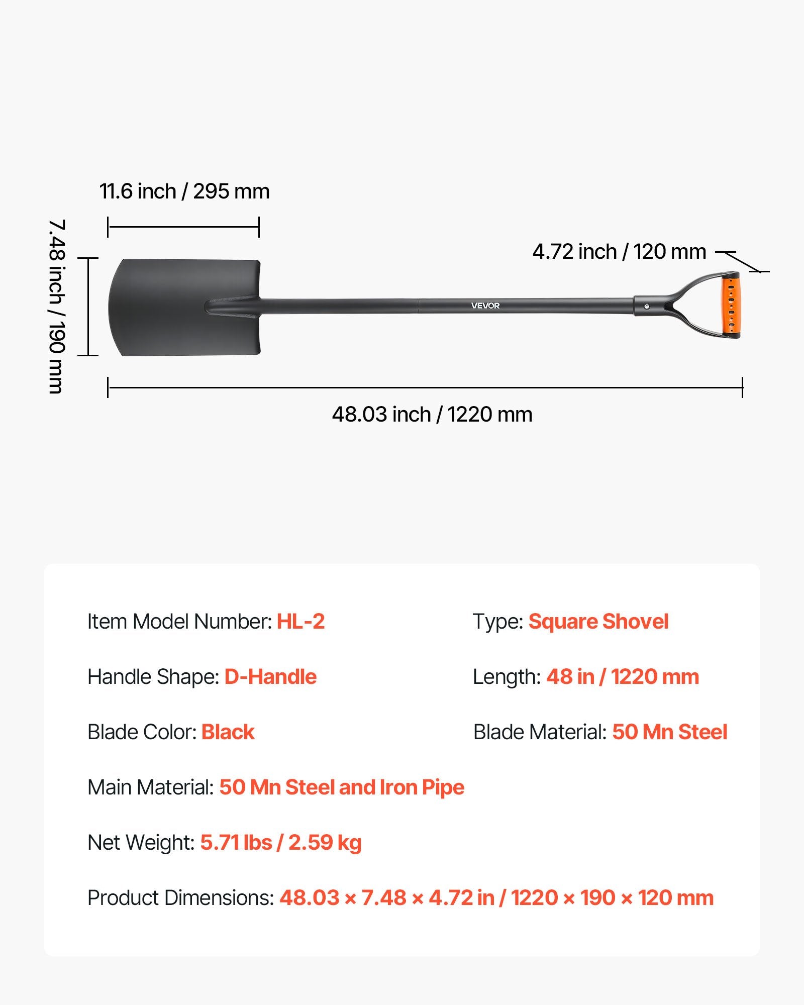 Square Shovel, 122 cm Heavy-Duty Flat Shovel, Transfer Shovels with Alloy Steel Blade and Non-Slip D-Handle, V952-FXCDXBS48INCH0K34001V0
