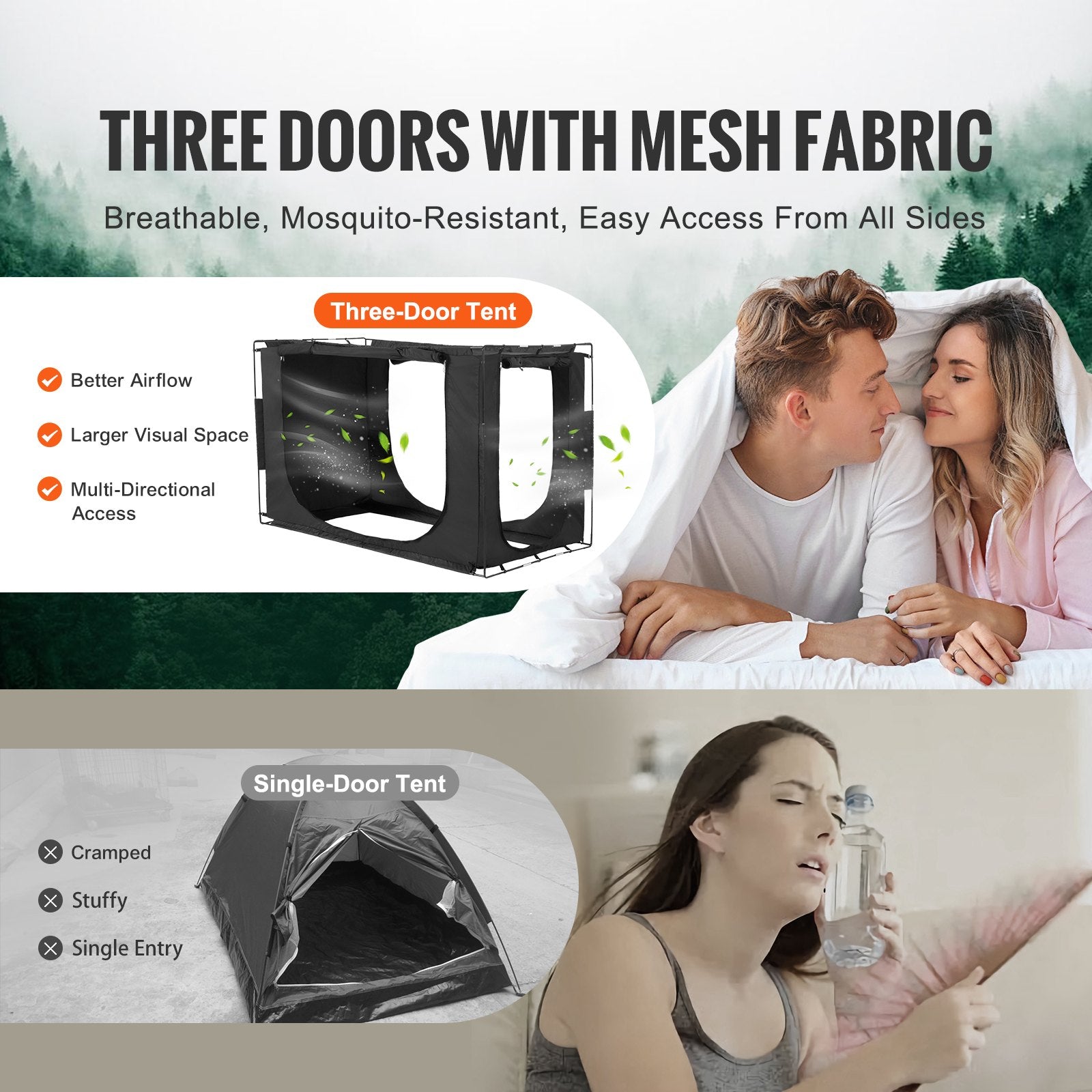 3 Doors Bed Tent Breathable Tent 70% Blackout with 9.5 mm Fiber Poles V952-FXCSZPSMLLM76OKI9V0