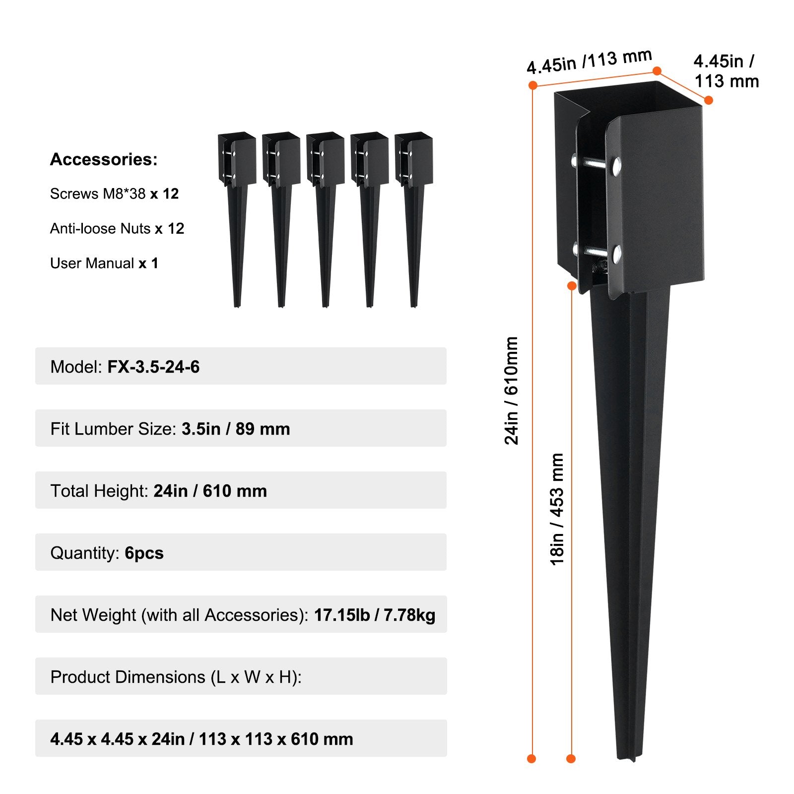 Fence Post Anchor Ground Spike 6 Pack 24 x 4 x 4 In Metal Fence Stakes V952-FXDD35YC24YCUQSQCV0
