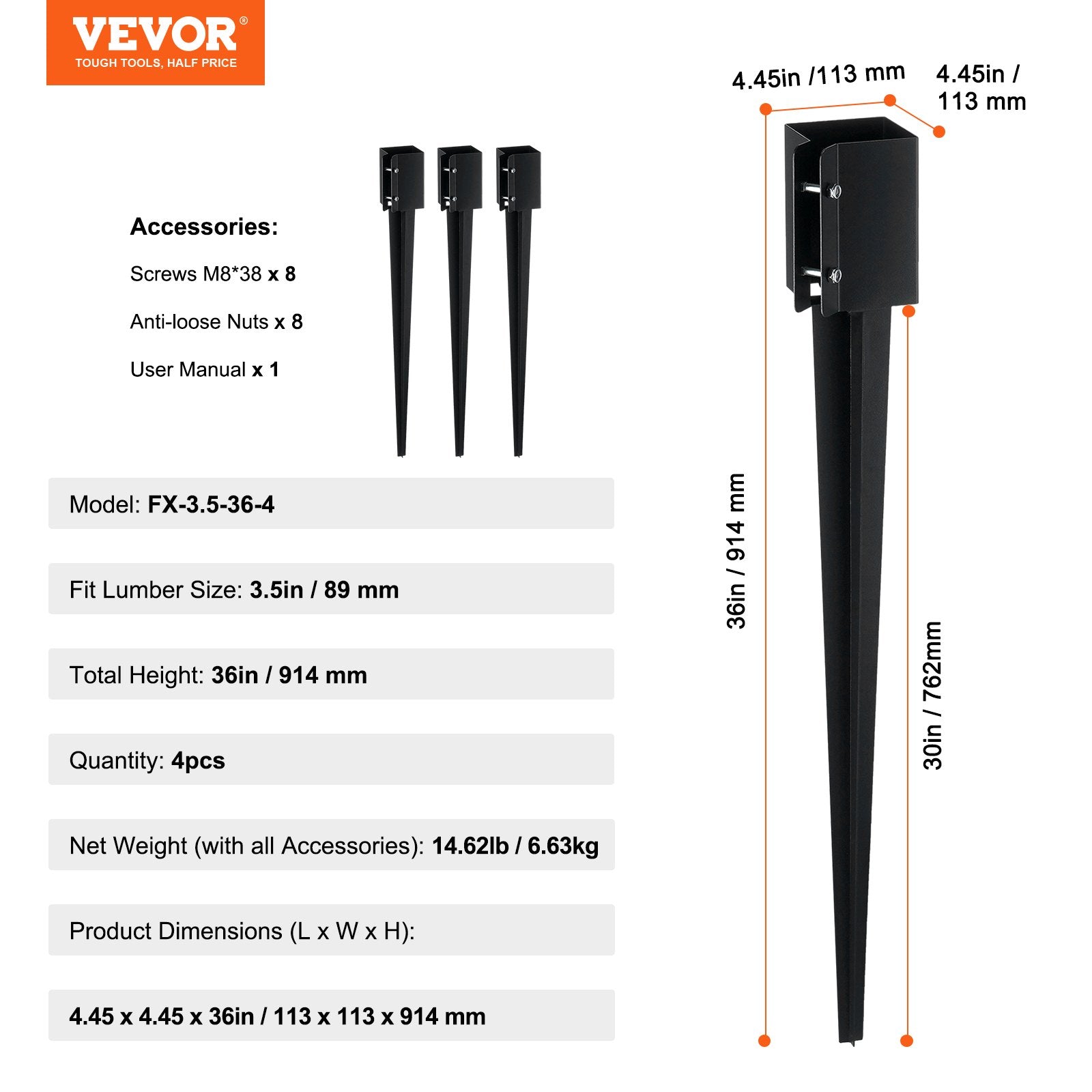 Fence Post Anchor Ground Spike 4 Pack 36 x 4 x 4 In Metal Fence Stakes V952-FXDD35YC36YCP7NVLV0