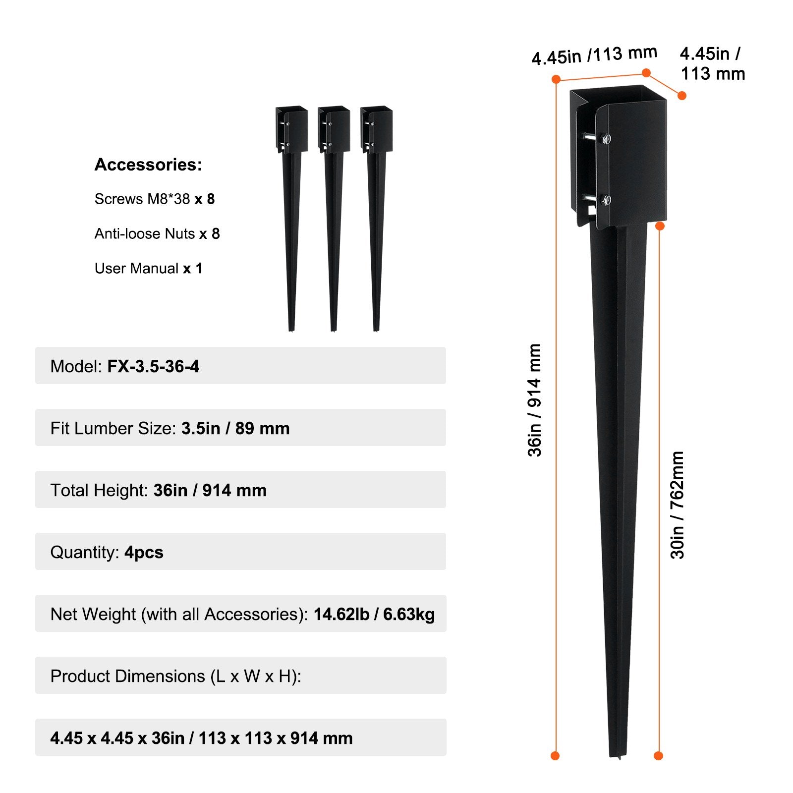 Fence Post Anchor Ground Spike 4 Pack 36 x 4 x 4 In Metal Fence Stakes V952-FXDD35YC36YCP7NVLV0