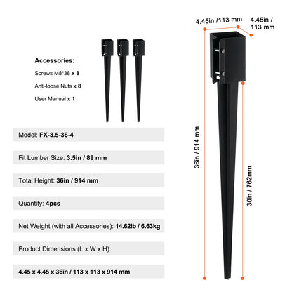 Fence Post Anchor Ground Spike 4 Pack 36 x 4 x 4 In Metal Fence Stakes V952-FXDD35YC36YCP7NVLV0