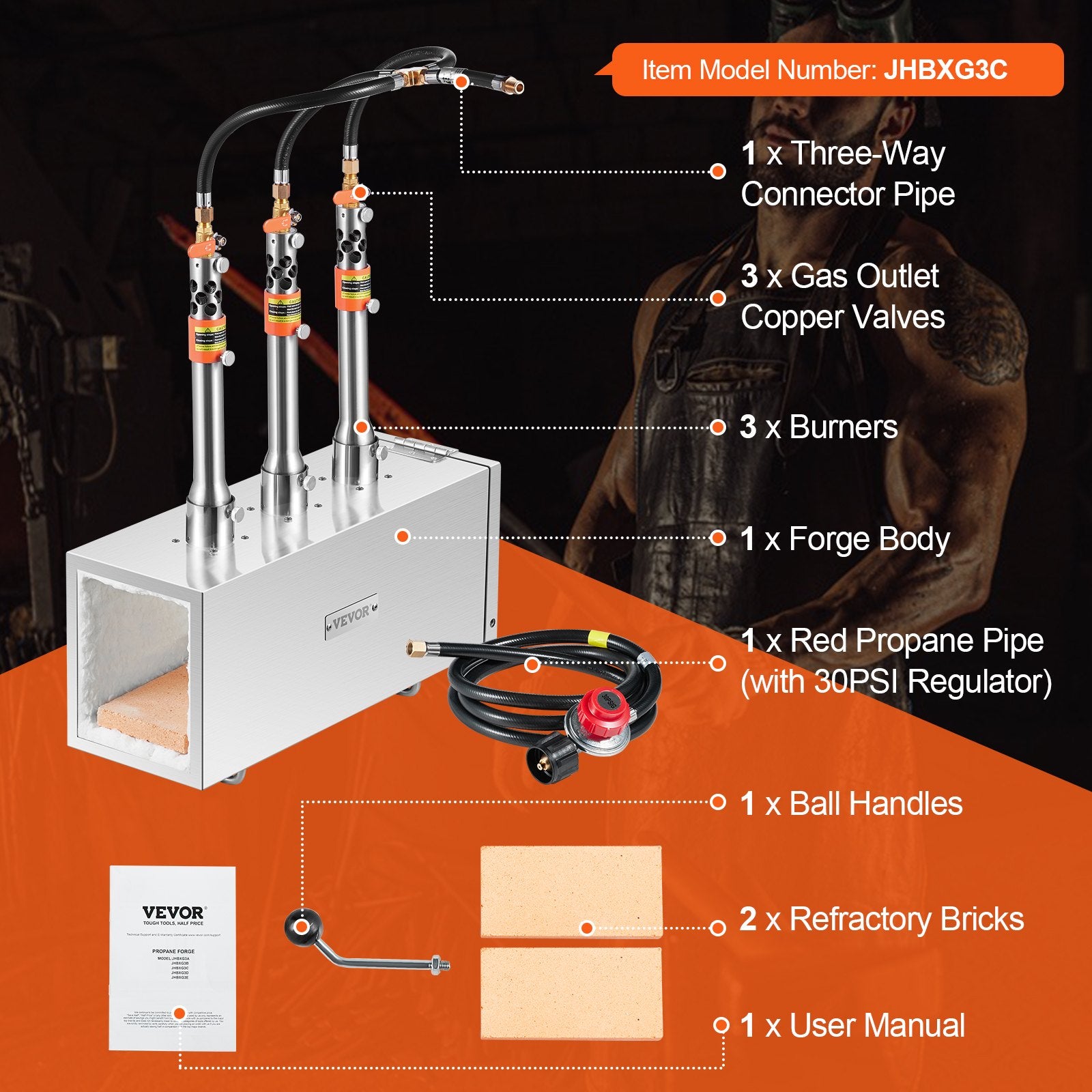 Portable Propane Forge, 3 Burner Farrier Forge, 2600 degrees F Tool and Knife Making Blacksmithing Gas Forge, V952-FXDZL3GSYMGJSUTBGV0