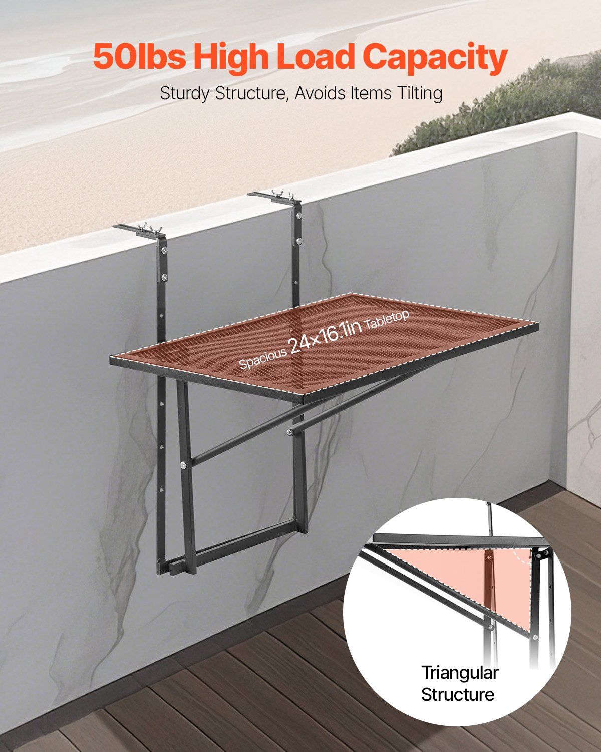 Balcony Hanging Table, 610 x 410 mm Metal Folding Balcony Railing Table, Outdoor Balcony Bar Table for V952-FXGZJS19INCHGLWKXV0