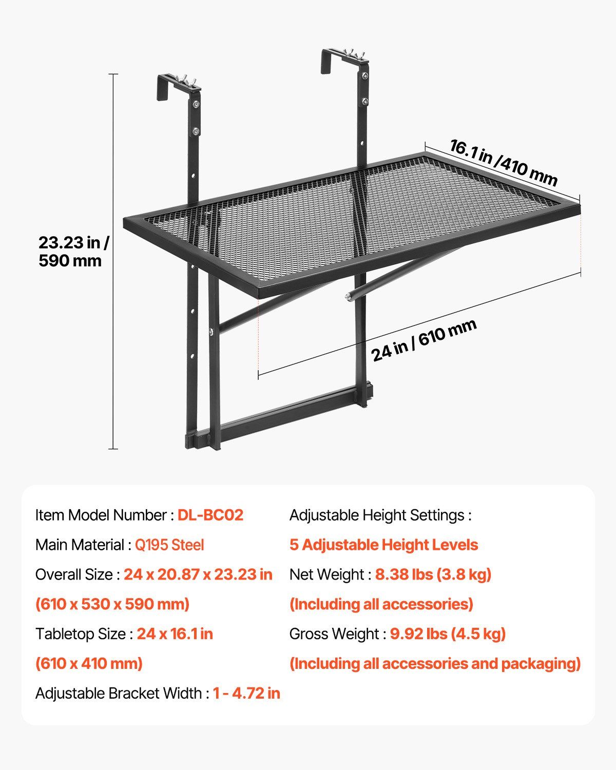 Balcony Hanging Table, 610 x 410 mm Metal Folding Balcony Railing Table, Outdoor Balcony Bar Table for V952-FXGZJS19INCHGLWKXV0