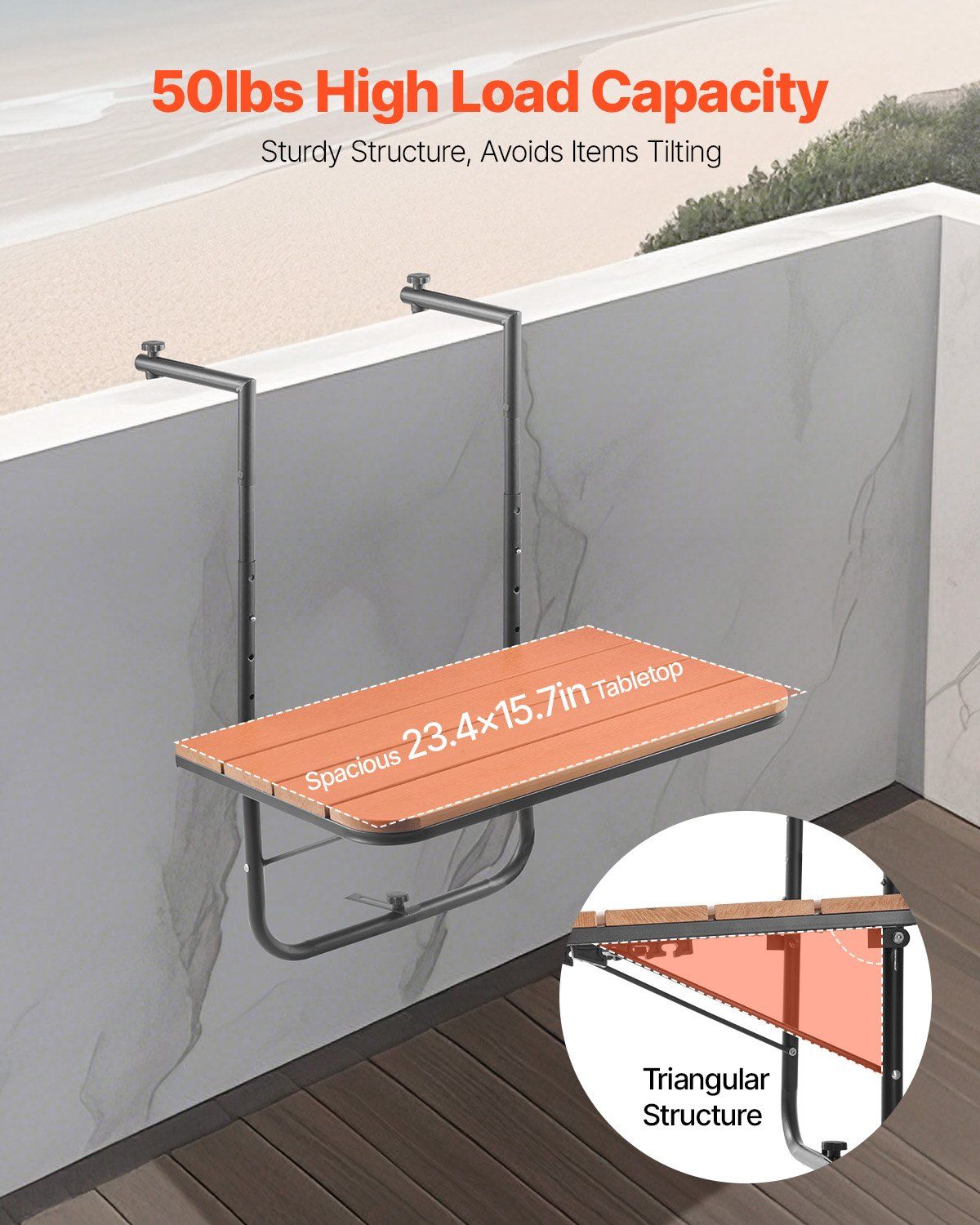 Balcony Hanging Table, 595 x 400 mm Folding Balcony Railing Table, Outdoor Balcony Bar Table for Railings, V952-FXGZSM25INCHDZVCRV0