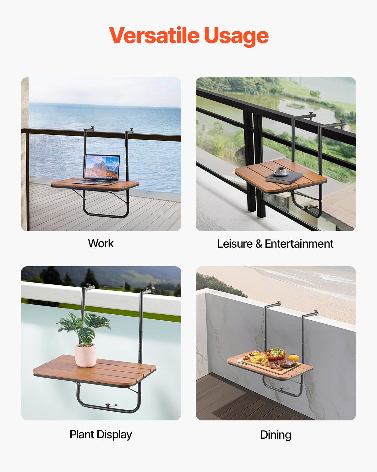 Balcony Hanging Table, 595 x 400 mm Folding Balcony Railing Table, Outdoor Balcony Bar Table for Railings, V952-FXGZSM25INCHDZVCRV0