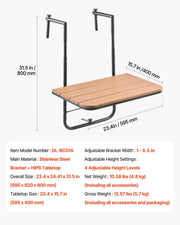 Balcony Hanging Table, 595 x 400 mm Folding Balcony Railing Table, Outdoor Balcony Bar Table for Railings, V952-FXGZSM25INCHDZVCRV0