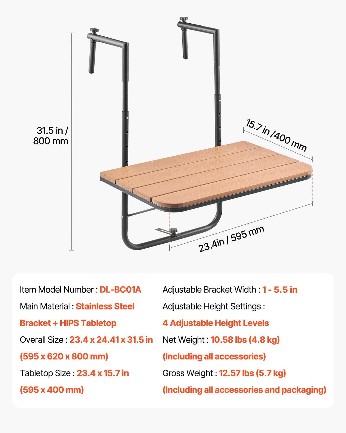 Balcony Hanging Table, 595 x 400 mm Folding Balcony Railing Table, Outdoor Balcony Bar Table for Railings, V952-FXGZSM25INCHDZVCRV0
