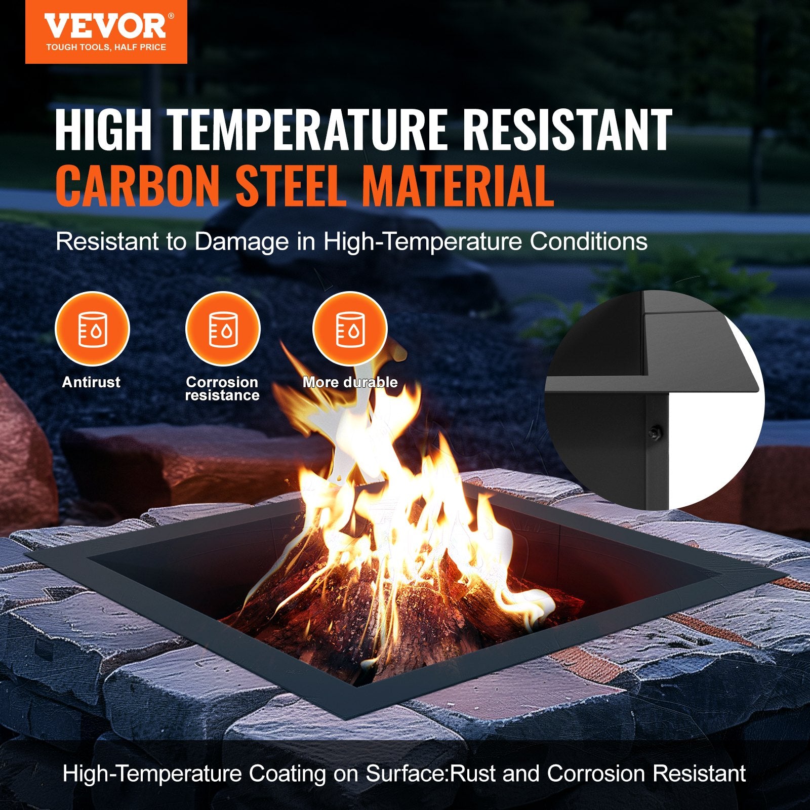 Fire Pit Ring, 36x36 in Outer/30x30 in Inner Diameter, 10inch Height Square Fire Pit Insert, Heavy Duty V952-FXHH30INCH15XENIBV0
