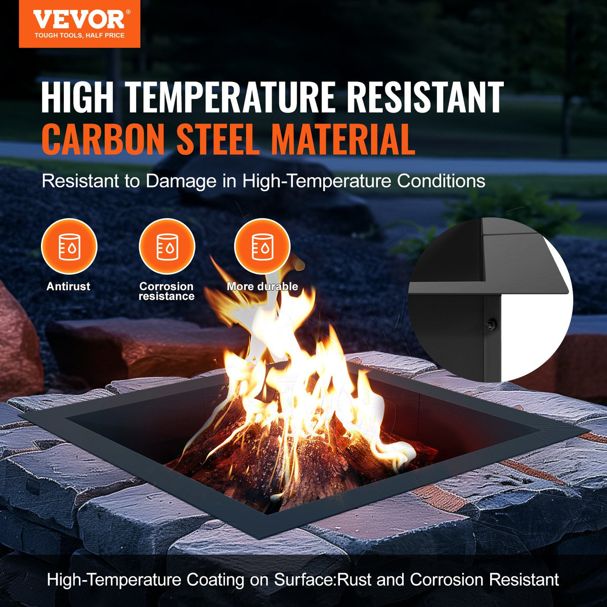 Fire Pit Ring, 36x36 in Outer/30x30 in Inner Diameter, 10inch Height Square Fire Pit Insert, Heavy Duty V952-FXHH30INCH15XENIBV0