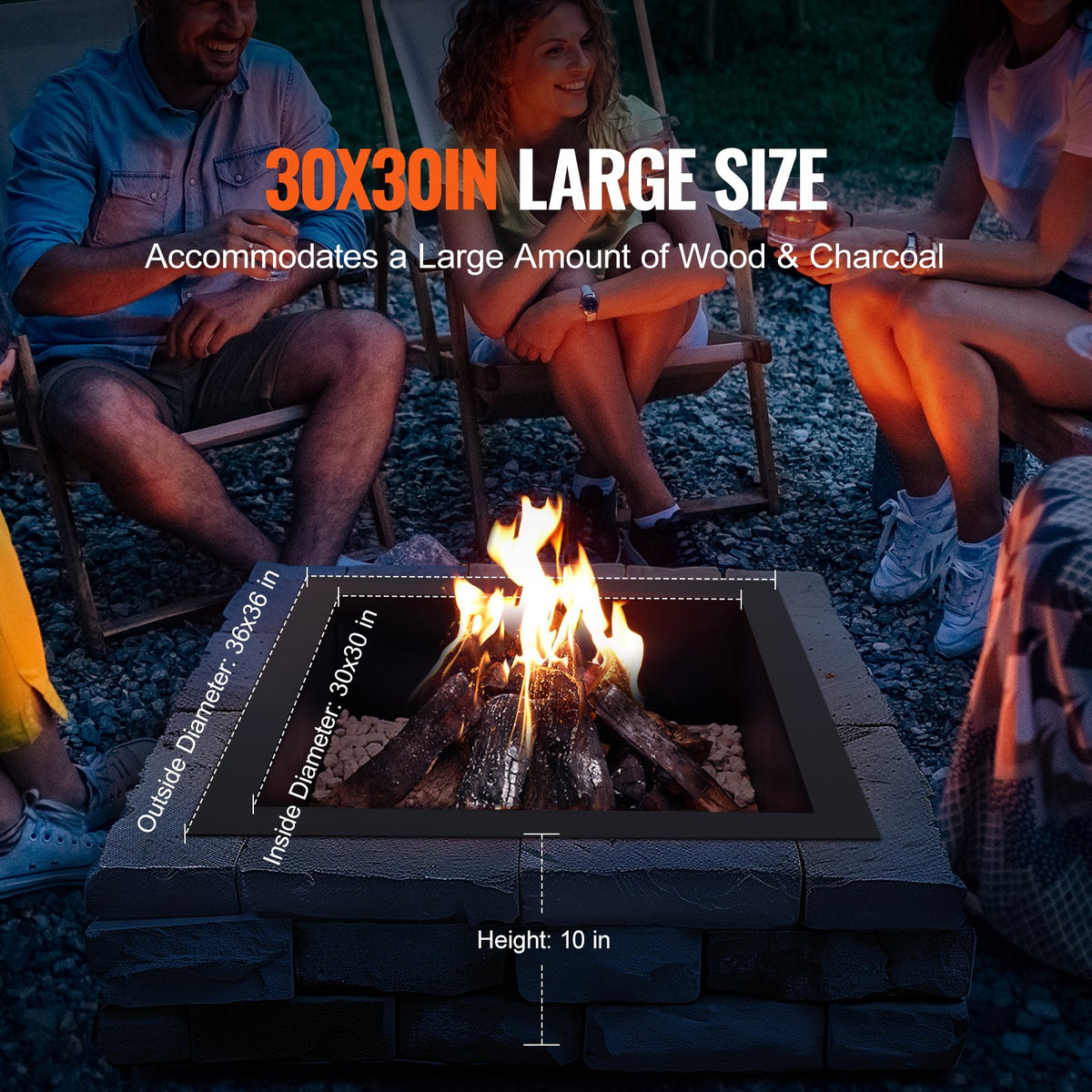 Fire Pit Ring, 36x36 in Outer/30x30 in Inner Diameter, 10inch Height Square Fire Pit Insert, Heavy Duty V952-FXHH30INCH15XENIBV0