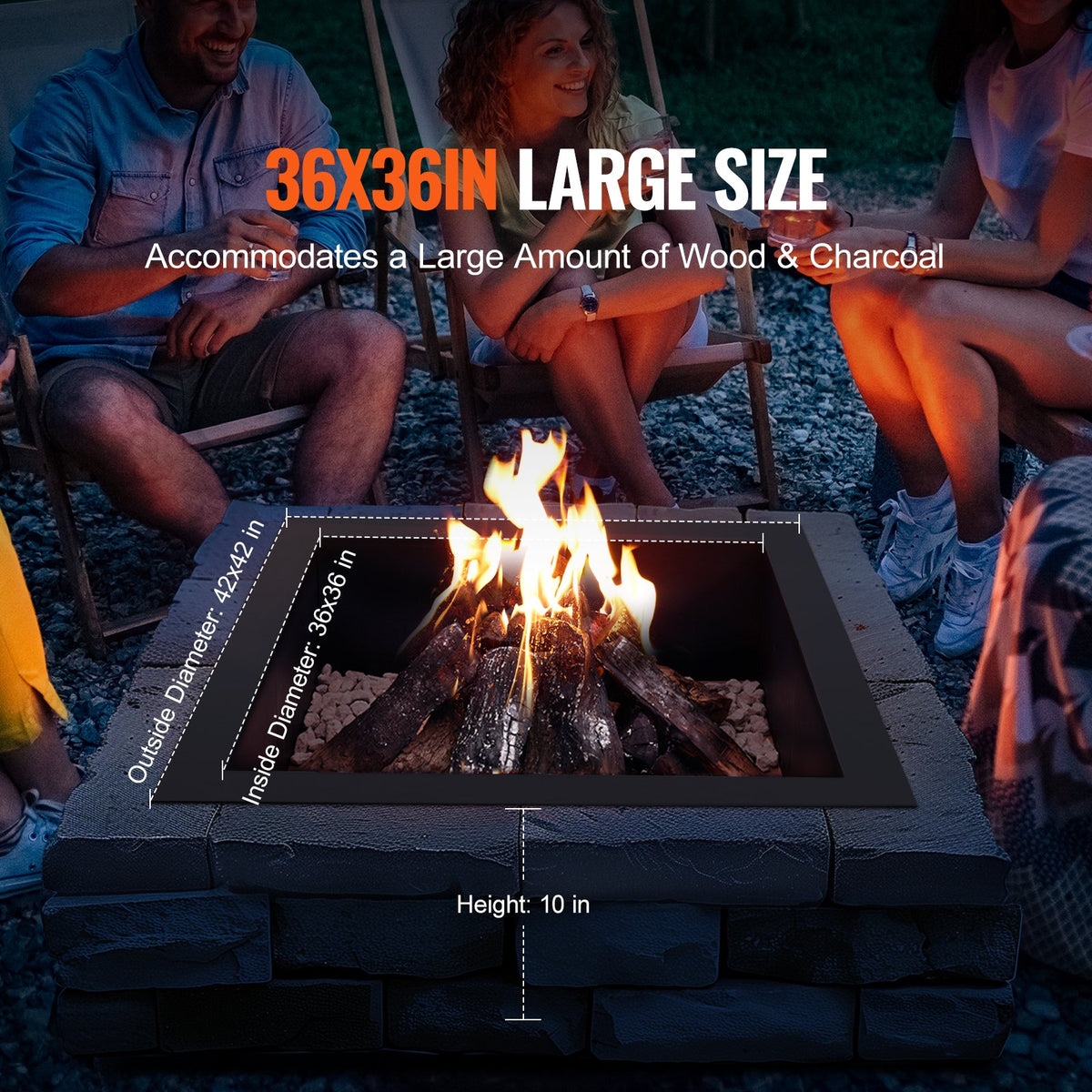 Fire Pit Ring, 42x42 in Outer/36x36 in Inner Diameter, 10inch Height Square Fire Pit Insert, Heavy Duty V952-FXHH36INCH15QV13SV0