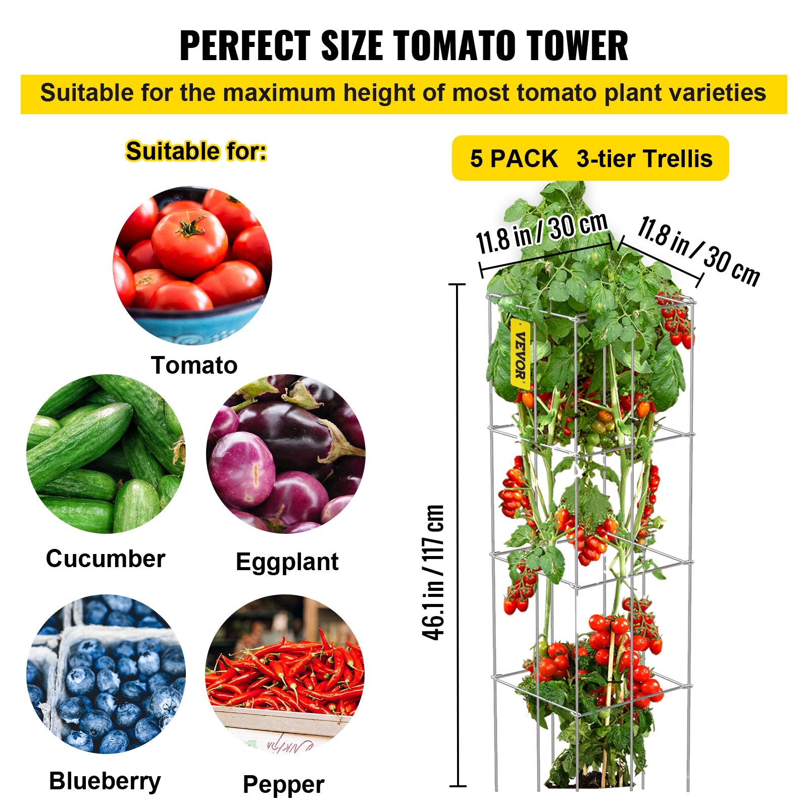 Tomato Cages, 30 x 30 x 117 cm, 5 Packs Square Plant Support Cages, Silver PVC-Coated Steel Tomato Towers for V952-FXKZDFQZZ1246265OV0