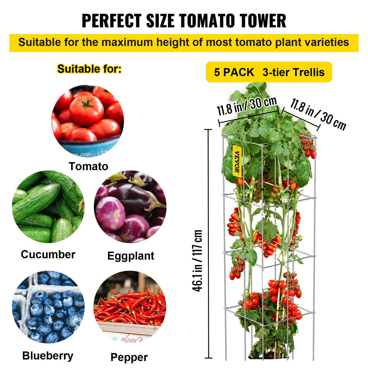 Tomato Cages, 30 x 30 x 117 cm, 5 Packs Square Plant Support Cages, Silver PVC-Coated Steel Tomato Towers for V952-FXKZDFQZZ1246265OV0