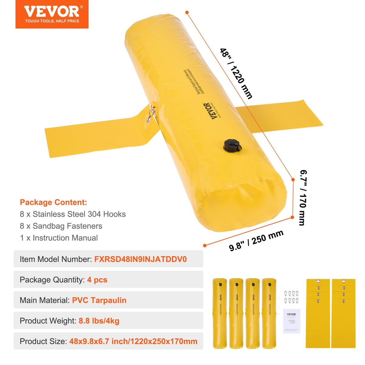 Flood Barriers, Sandbag Alternative Flood Bags 4 Pack, Flood Barrier for Home, Water Barriers for Flooding, V952-FXRSD48IN9INJATDDV0