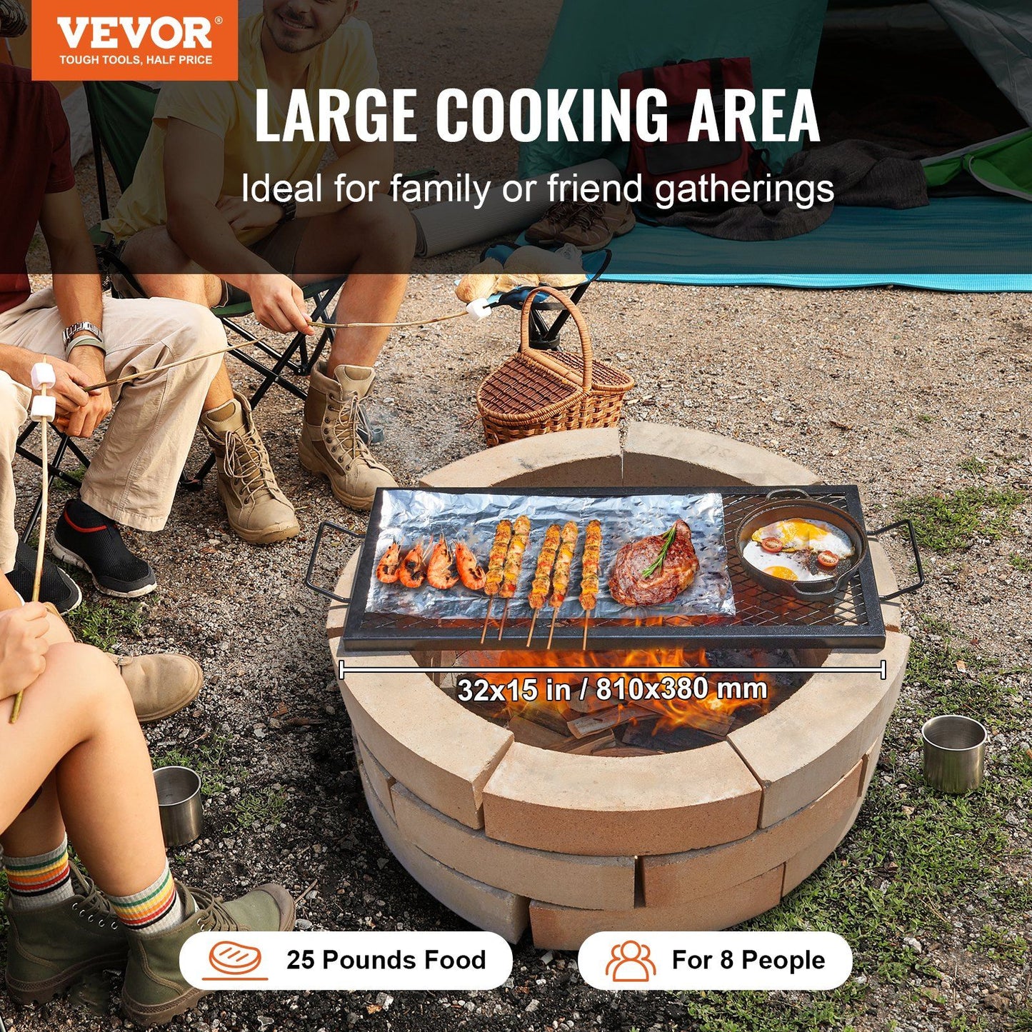 X-Marks Fire Pit Grill Grate, Rectangle Cooking Grate, Heavy Duty Steel Campfire BBQ Grill Grid with Handle & V952-FXSKKWCHS3215H99QV0