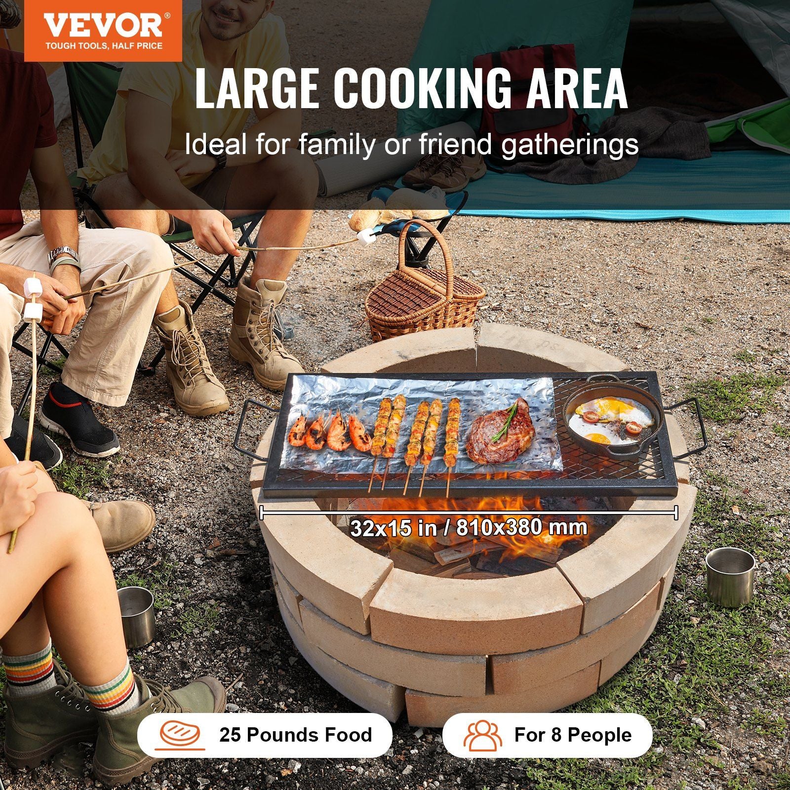 X-Marks Fire Pit Grill Grate, Rectangle Cooking Grate, Heavy Duty Steel Campfire BBQ Grill Grid with Handle & V952-FXSKKWCHS3215H99QV0