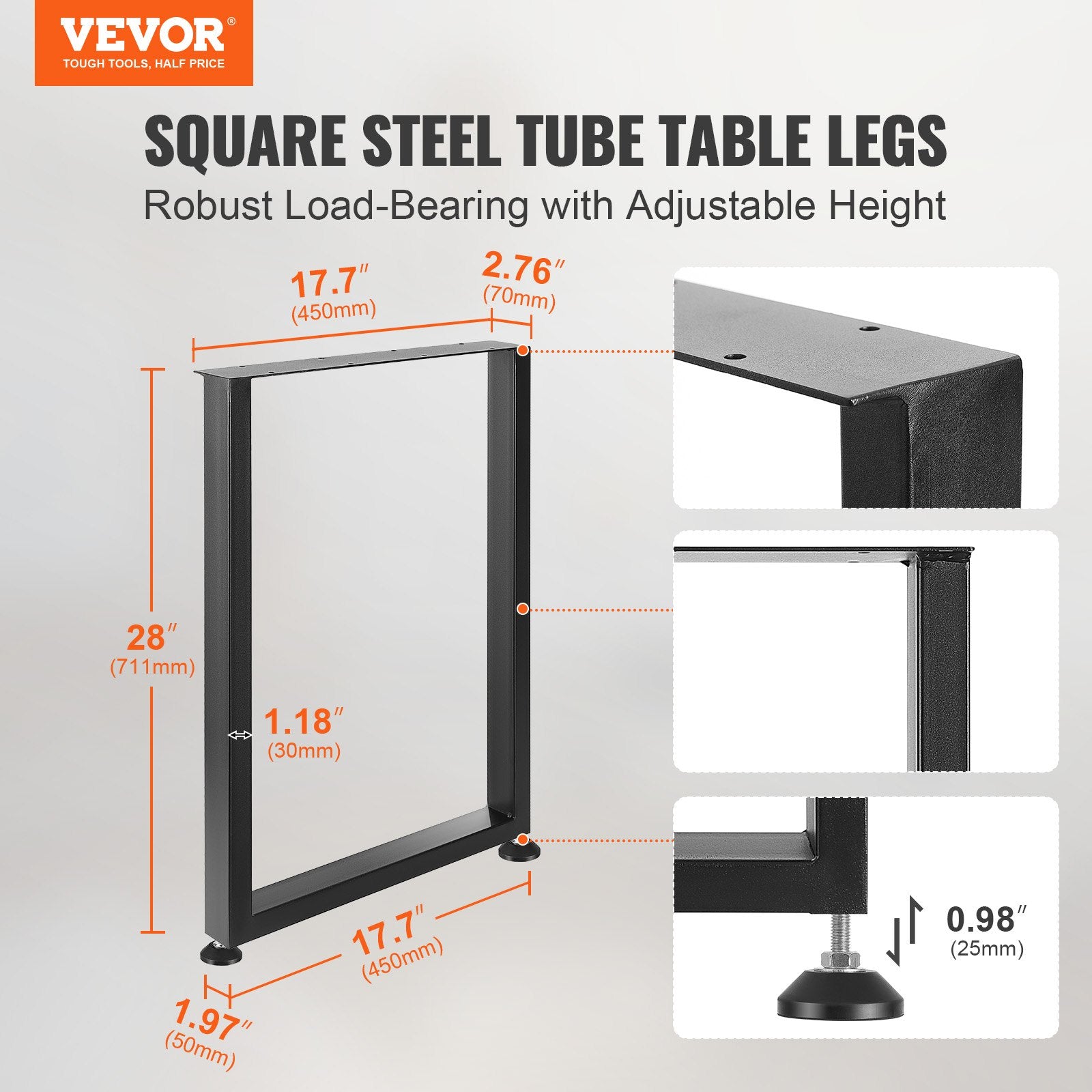 711.2MM Adjustable Furniture Legs, Square Reinforced Steel Office Table legs Set of 2 for DIY, Max Load V952-FXZTHSGFX28XXZDT7V0