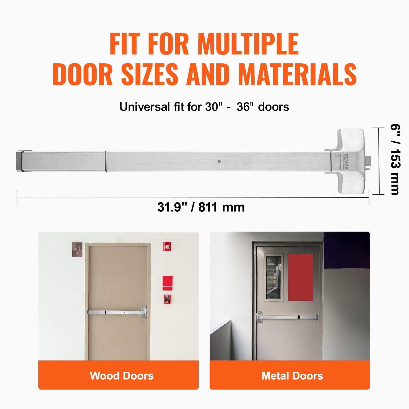Push Bar Door Locks, Stainless Steel Panic Bars for Exit Doors, with Exterior Lever and 3 Keys, Push Bar V952-FZL31YCBXG0013KC1V0