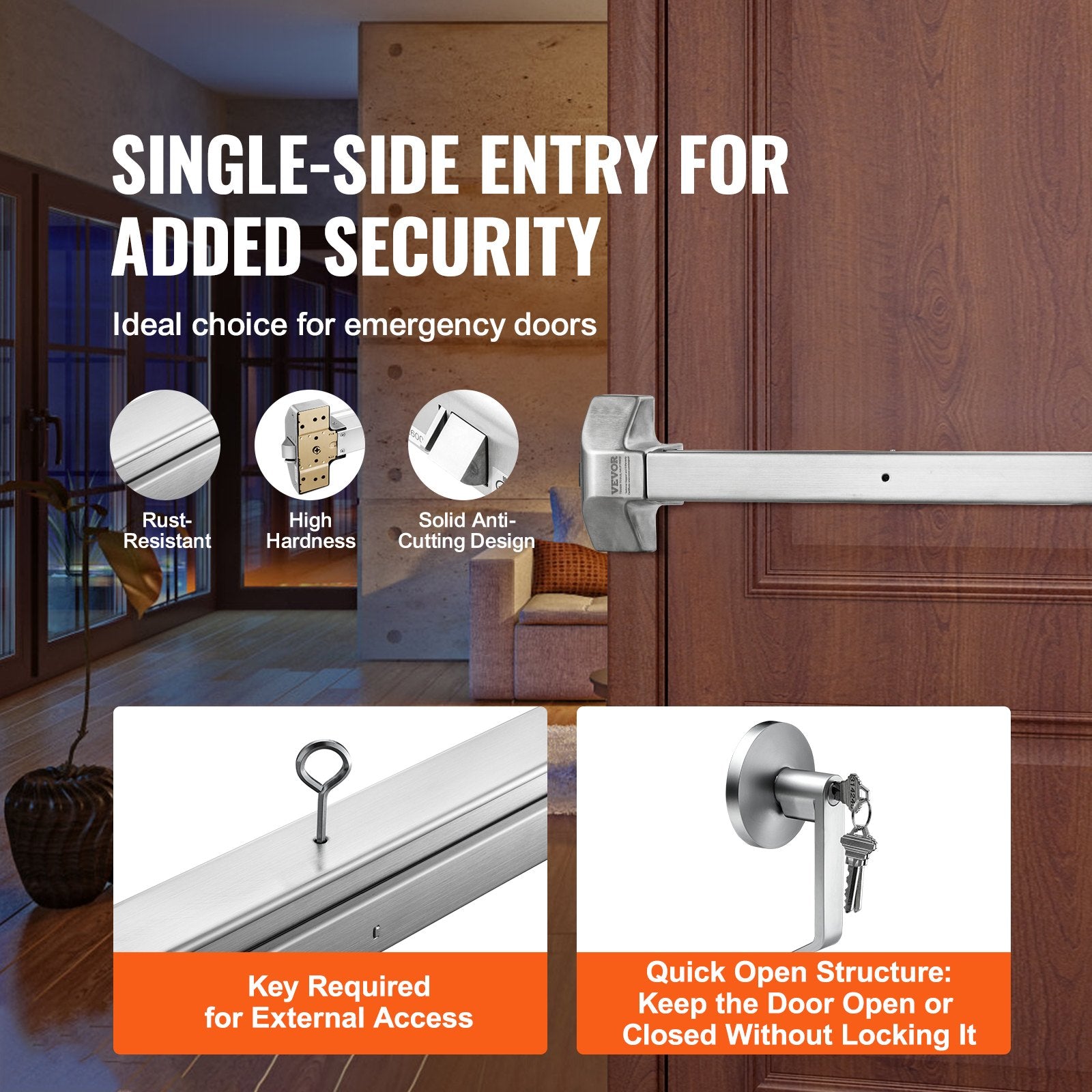 Push Bar Door Locks, Stainless Steel Panic Bars for Exit Doors, with Exterior Lever and 3 Keys, Push Bar V952-FZL31YCBXG0013KC1V0