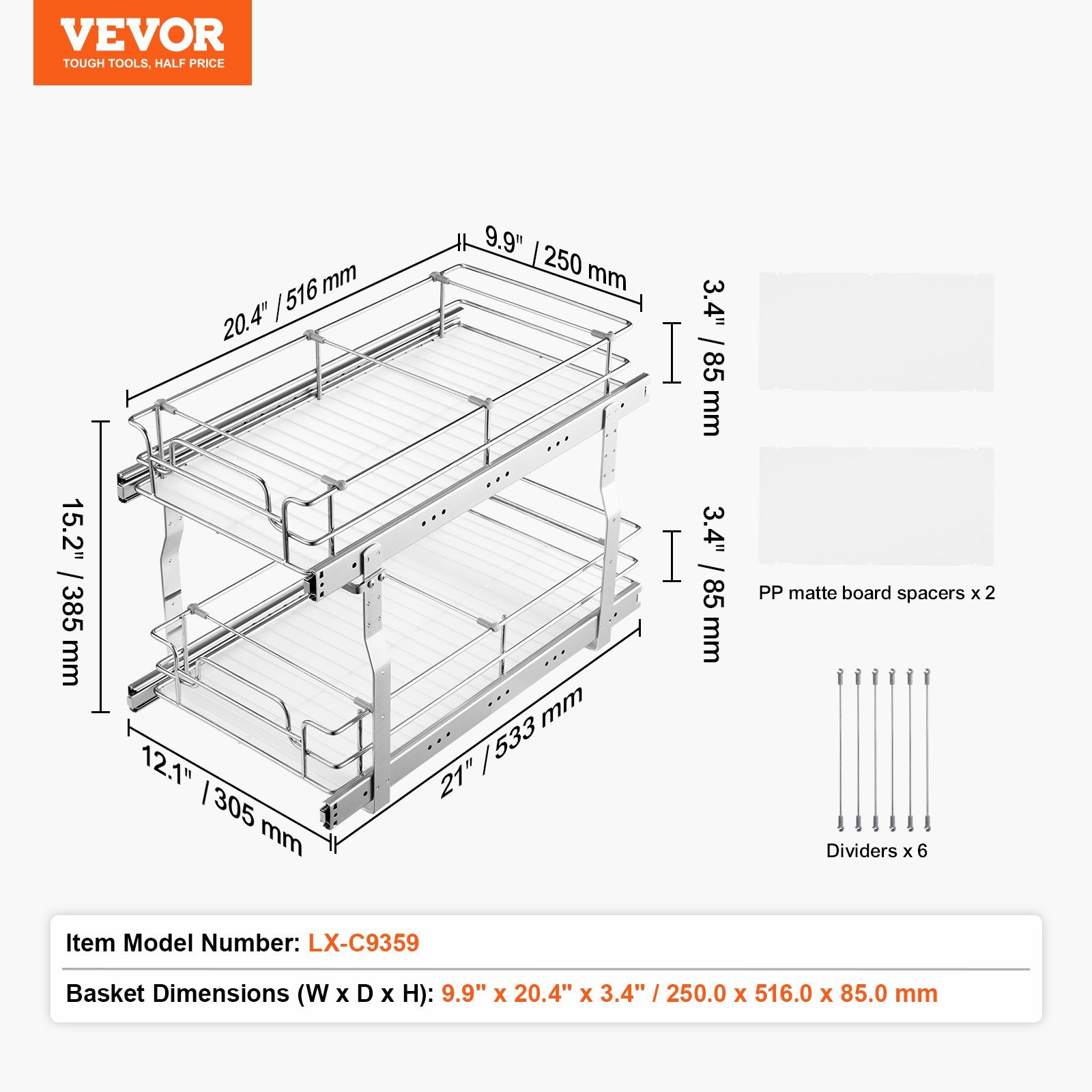 12"Wx21"Dx15"H Pull Out Cabinet Organizer, Heavy Duty Slide Out Pantry Shelves, Steel Roll Out Drawers, V952-FZSLLDGGEC12VMAA1V0