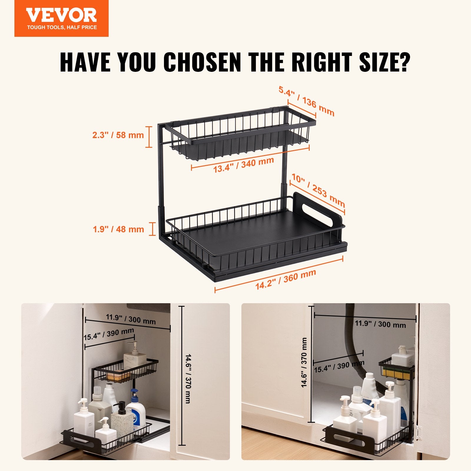 2-Tier Wire Pull Out Cabinet Under Sink Organizer 10.7"x14.2" Drawer Basket V952-FZSLLTGPFECSRVFBHV0