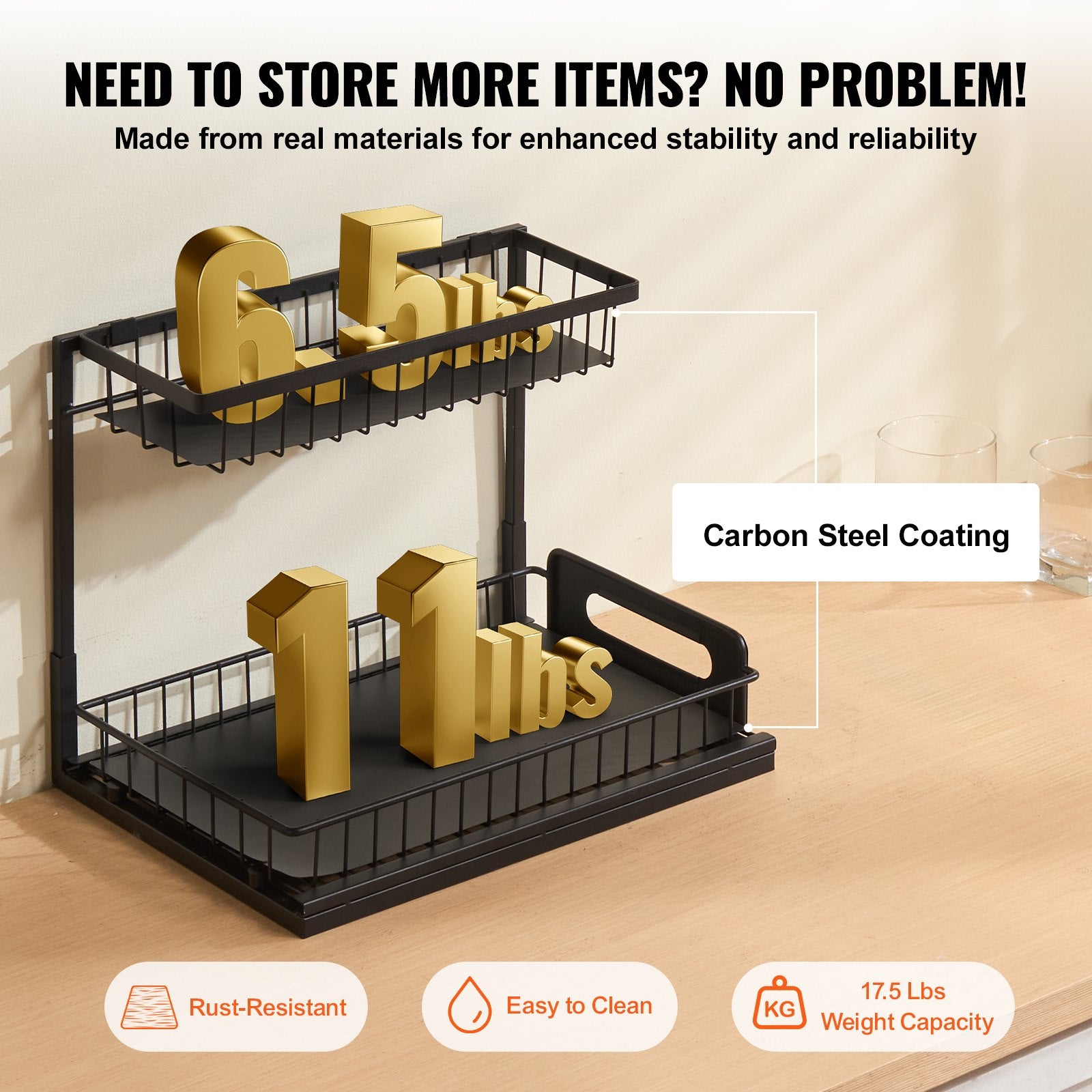 2-Tier Wire Pull Out Cabinet Under Sink Organizer 10.7"x14.2" Drawer Basket V952-FZSLLTGPFECSRVFBHV0
