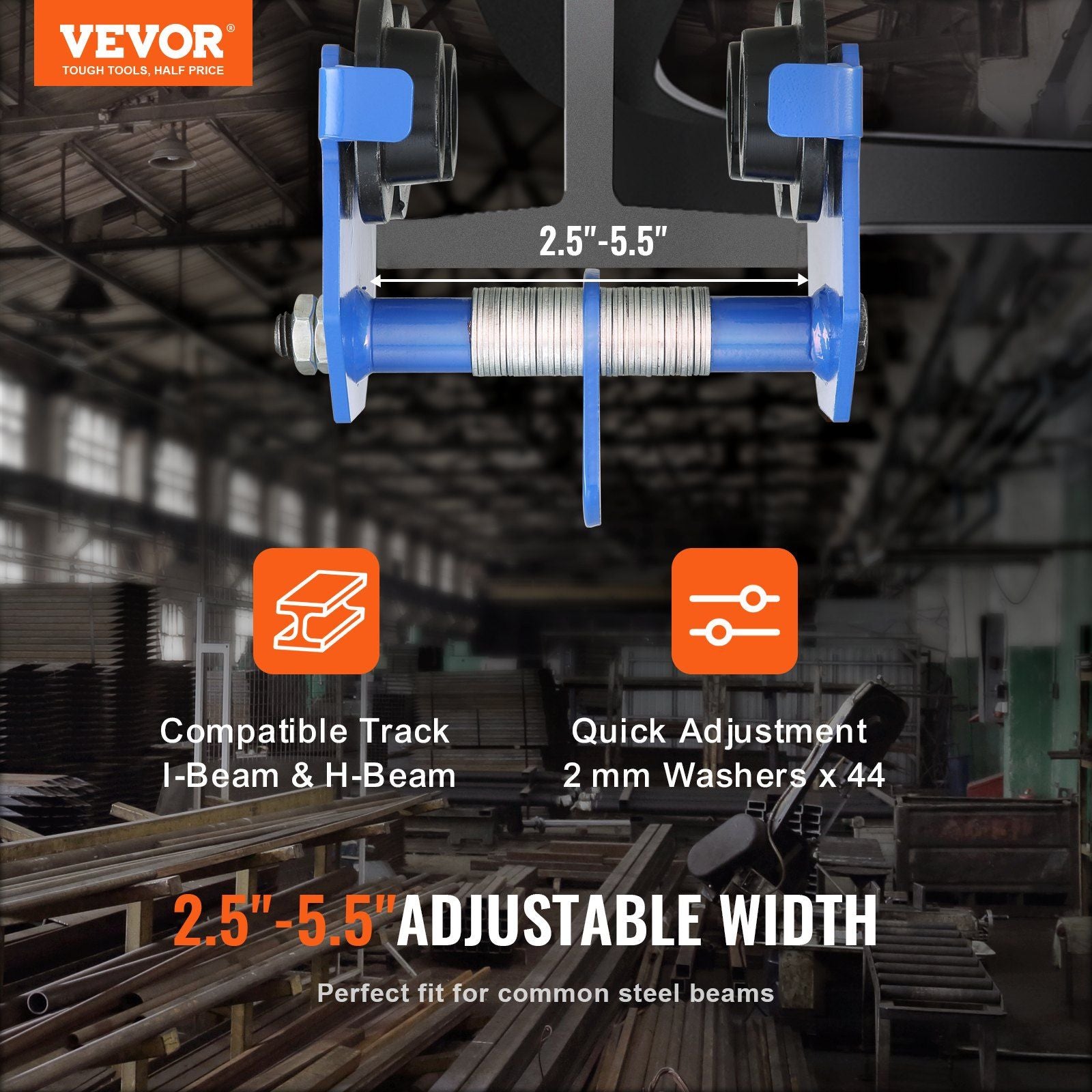 Manual Trolley, 0.5 Ton Load Capacity Push Beam Trolley with Dual Wheels, Adjustable for I-Beam Flange Width V952-FZSTXC05T2555HYFGV0