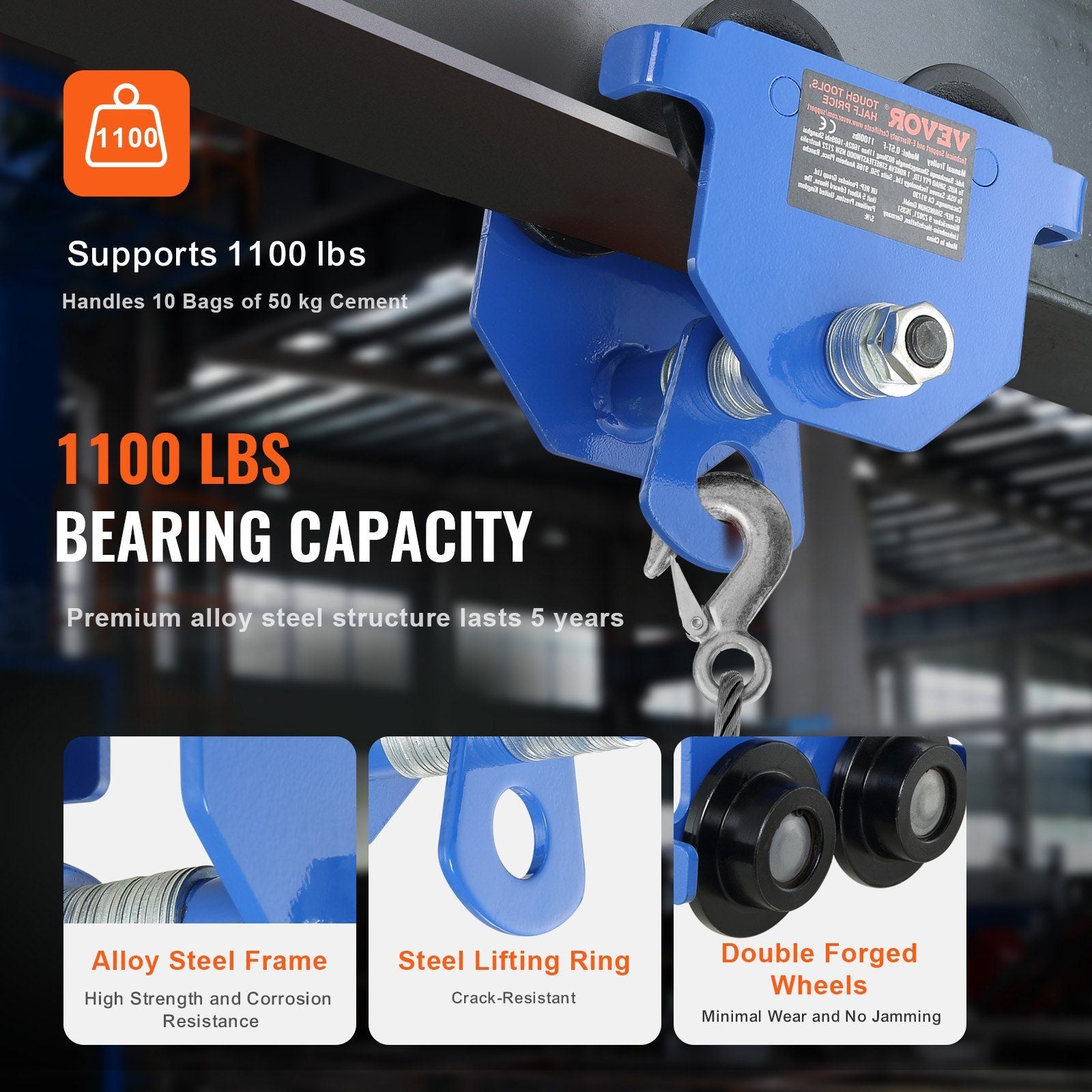 Manual Trolley, 0.5 Ton Load Capacity Push Beam Trolley with Dual Wheels, Adjustable for I-Beam Flange Width V952-FZSTXC05T2555HYFGV0