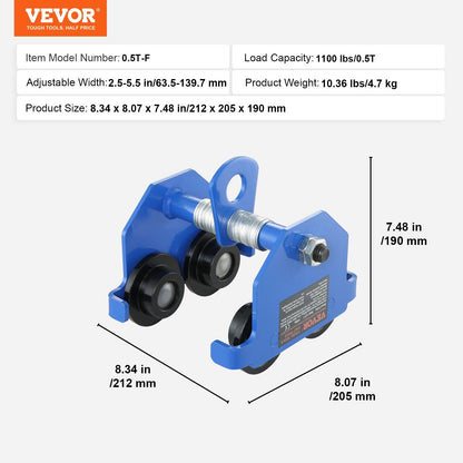 Manual Trolley, 0.5 Ton Load Capacity Push Beam Trolley with Dual Wheels, Adjustable for I-Beam Flange Width V952-FZSTXC05T2555HYFGV0