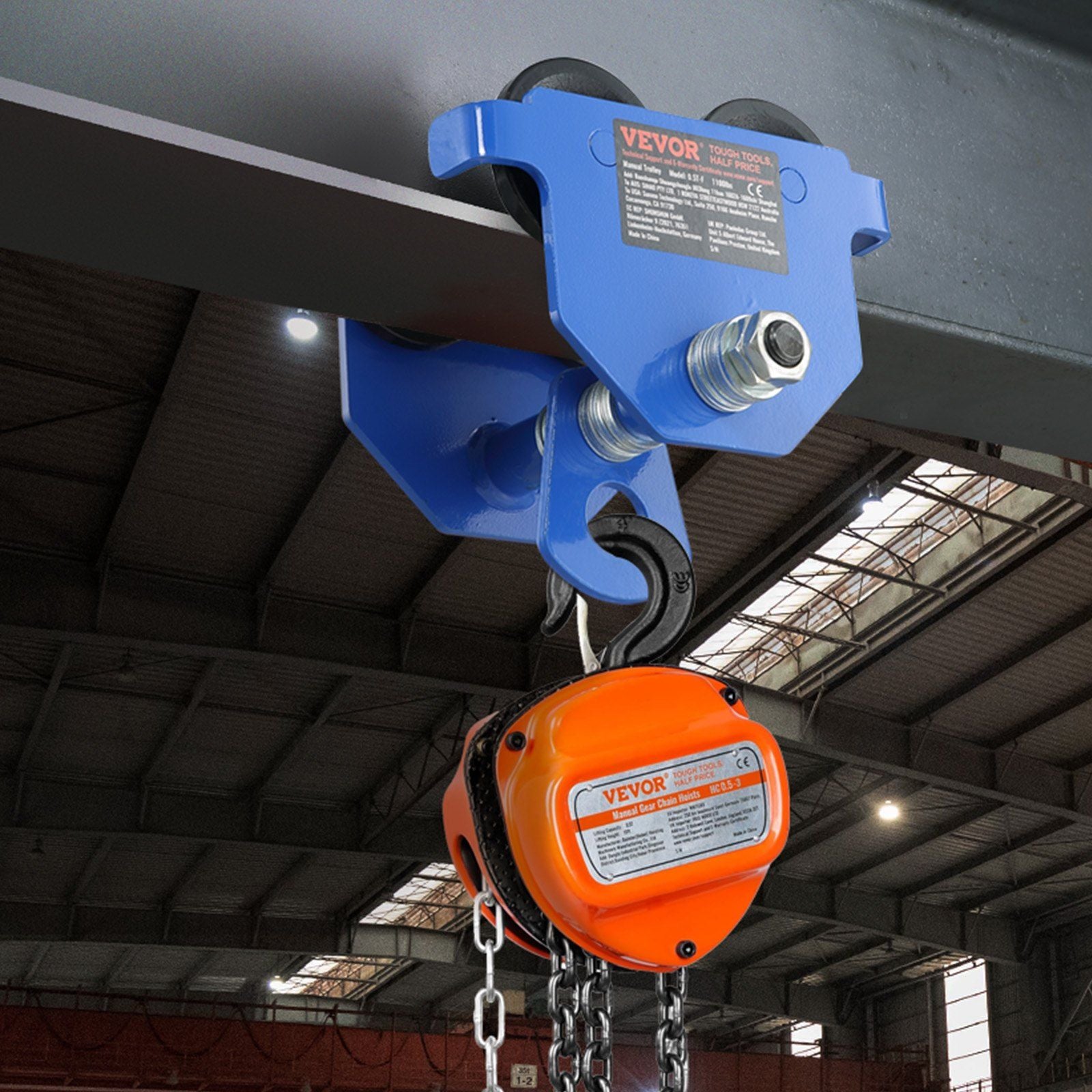 Manual Trolley, 0.5 Ton Load Capacity Push Beam Trolley with Dual Wheels, Adjustable for I-Beam Flange Width V952-FZSTXC05T2555HYFGV0
