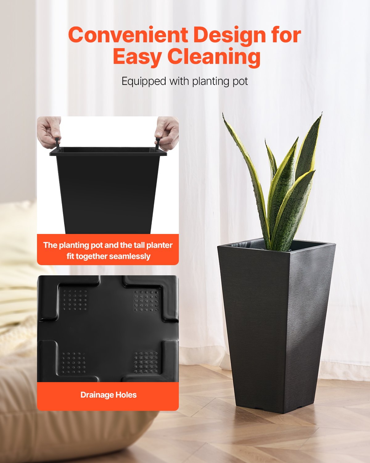 Tall Planter, Set of 2 Tall Square Tapered Planters, 57 cm Large Modern Gardening and Flower Plastic Pots, V952-FZXHS22YCBDTHZU9MV0