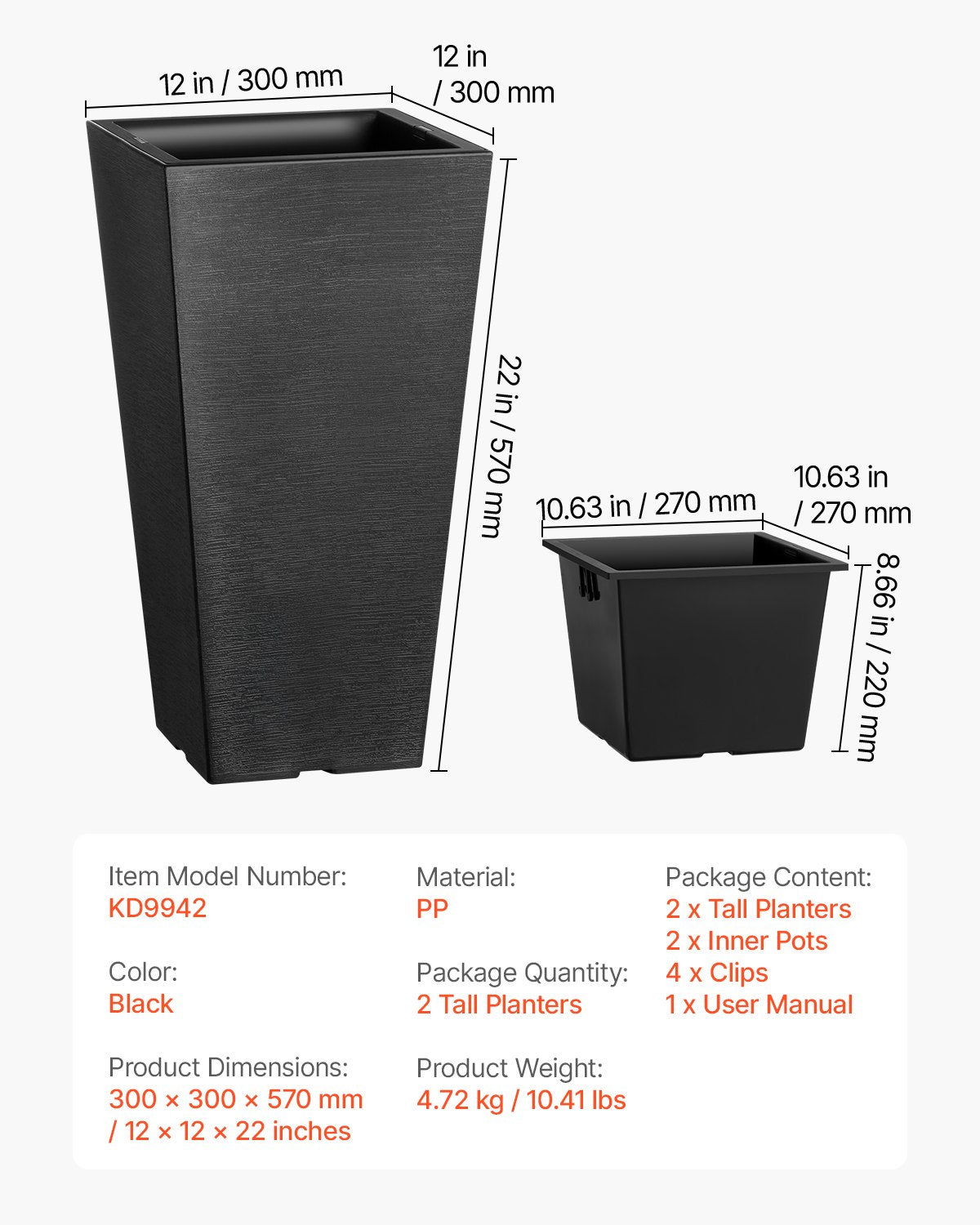 Tall Planter, Set of 2 Tall Square Tapered Planters, 57 cm Large Modern Gardening and Flower Plastic Pots, V952-FZXHS22YCBDTHZU9MV0