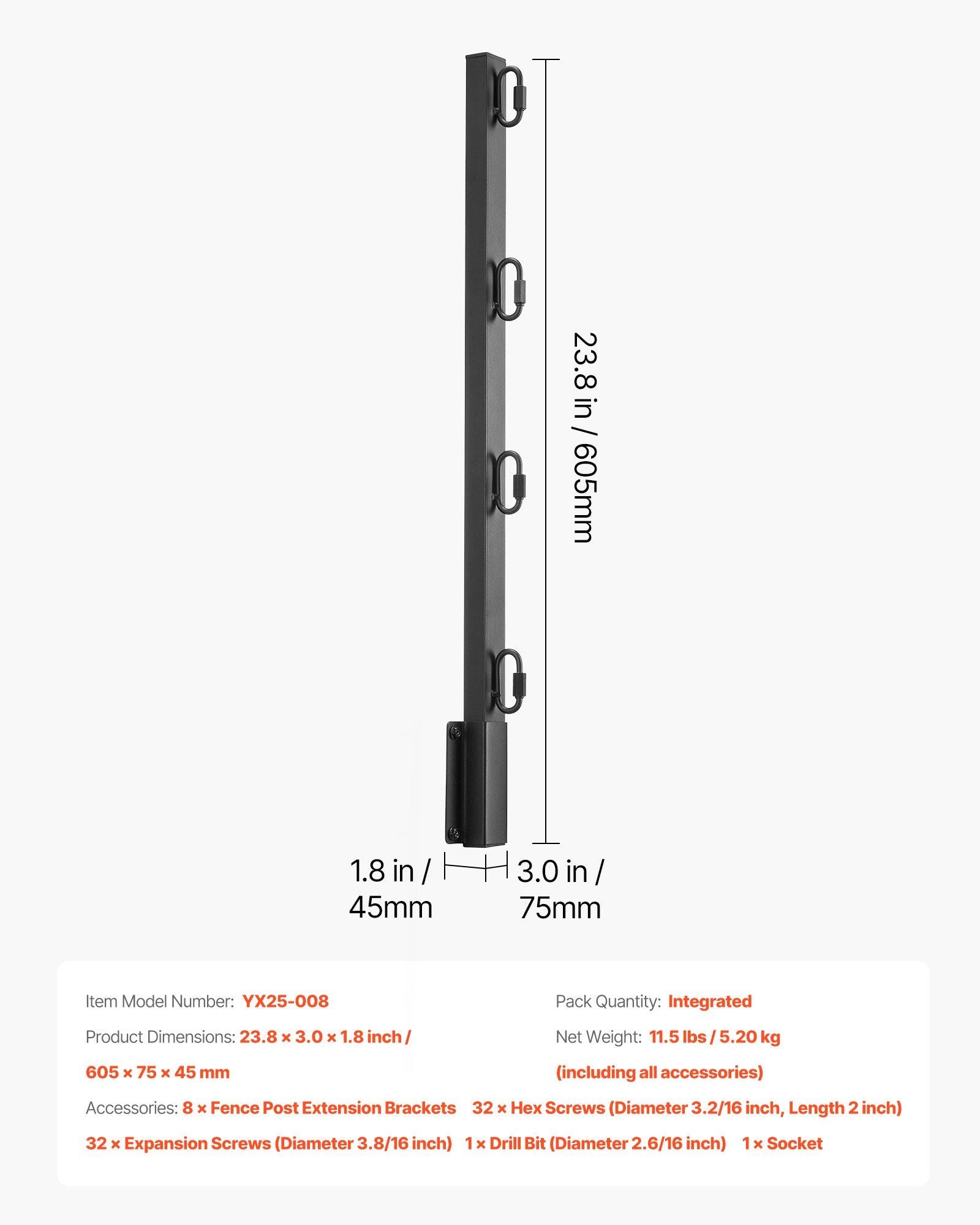 Fence Post Extender, 8 Packs 605 mm Barbed Wire Arm, Sturdy Steel Fence Height Extender, Flat or Surface V952-FZXYZQFZX8J27T1F0001V0