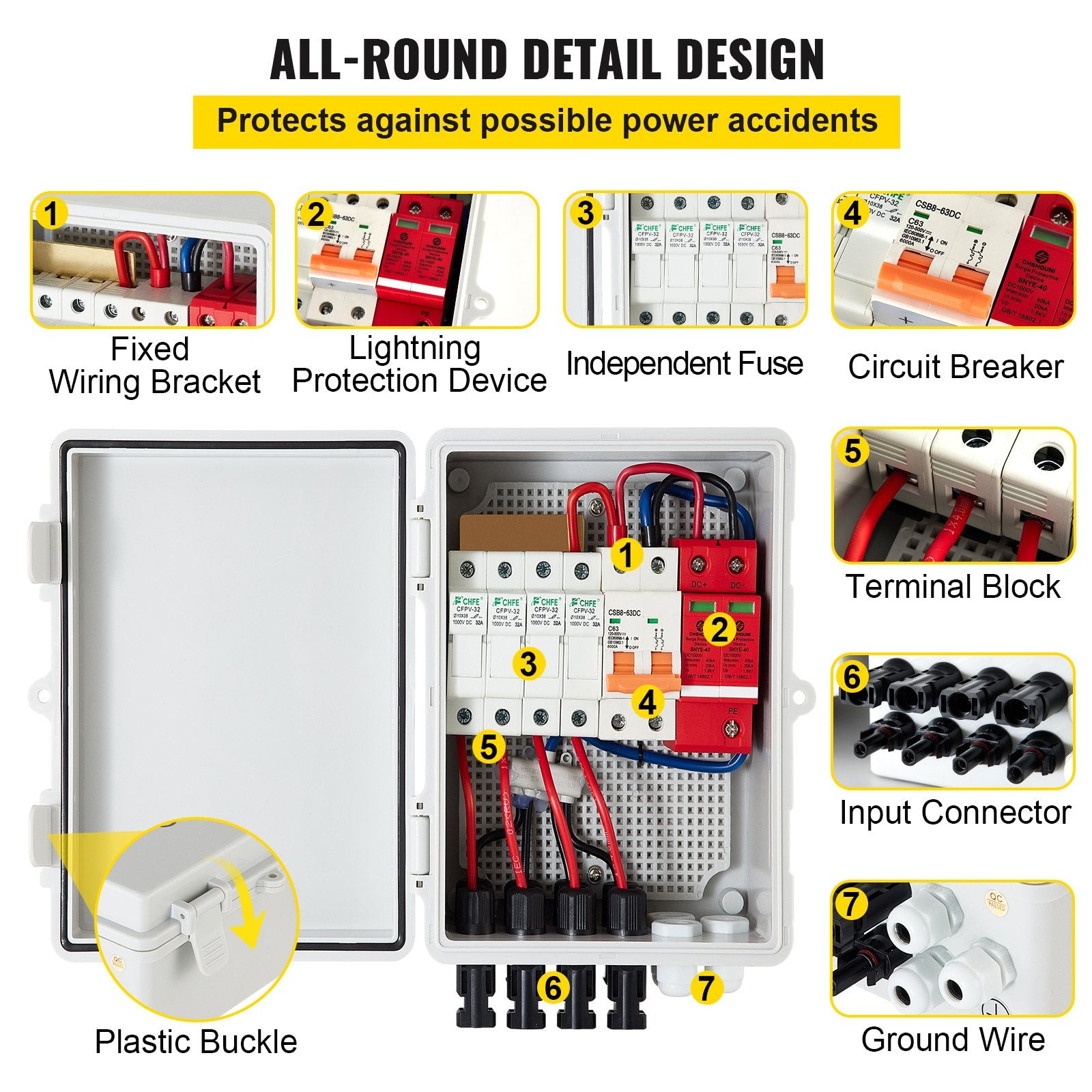 PV Combiner Box, 4 String with 15A Rated Current Fuse, 63A Circuit Breaker, Lightning Arreste Connector for V952-G2415A63AIP654HIKV0