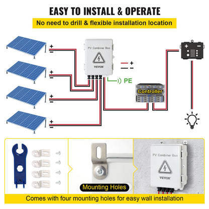 PV Combiner Box, 4 String with 15A Rated Current Fuse, 63A Circuit Breaker, Lightning Arreste Connector for V952-G2415A63AIP654HIKV0