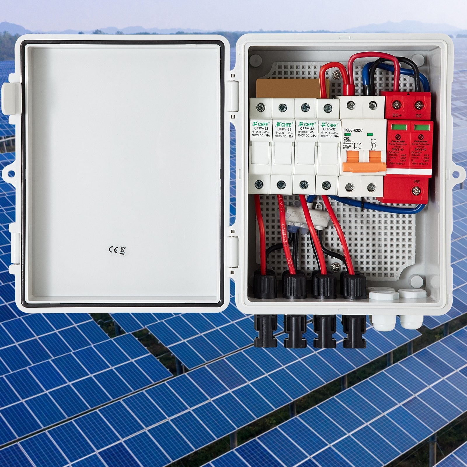 PV Combiner Box, 4 String with 15A Rated Current Fuse, 63A Circuit Breaker, Lightning Arreste Connector for V952-G2415A63AIP654HIKV0