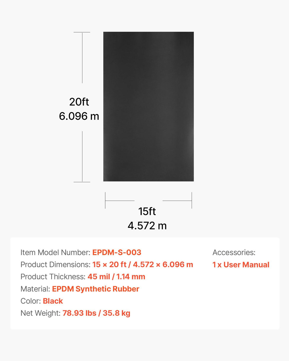 Roll Roofing, 4.57 x 6 m, 45 mil EPDM Rubber Roofing, Long Lifespan & Weather-resistant, Withstands Harsh V952-GBJ1520FT000YVF01001V0