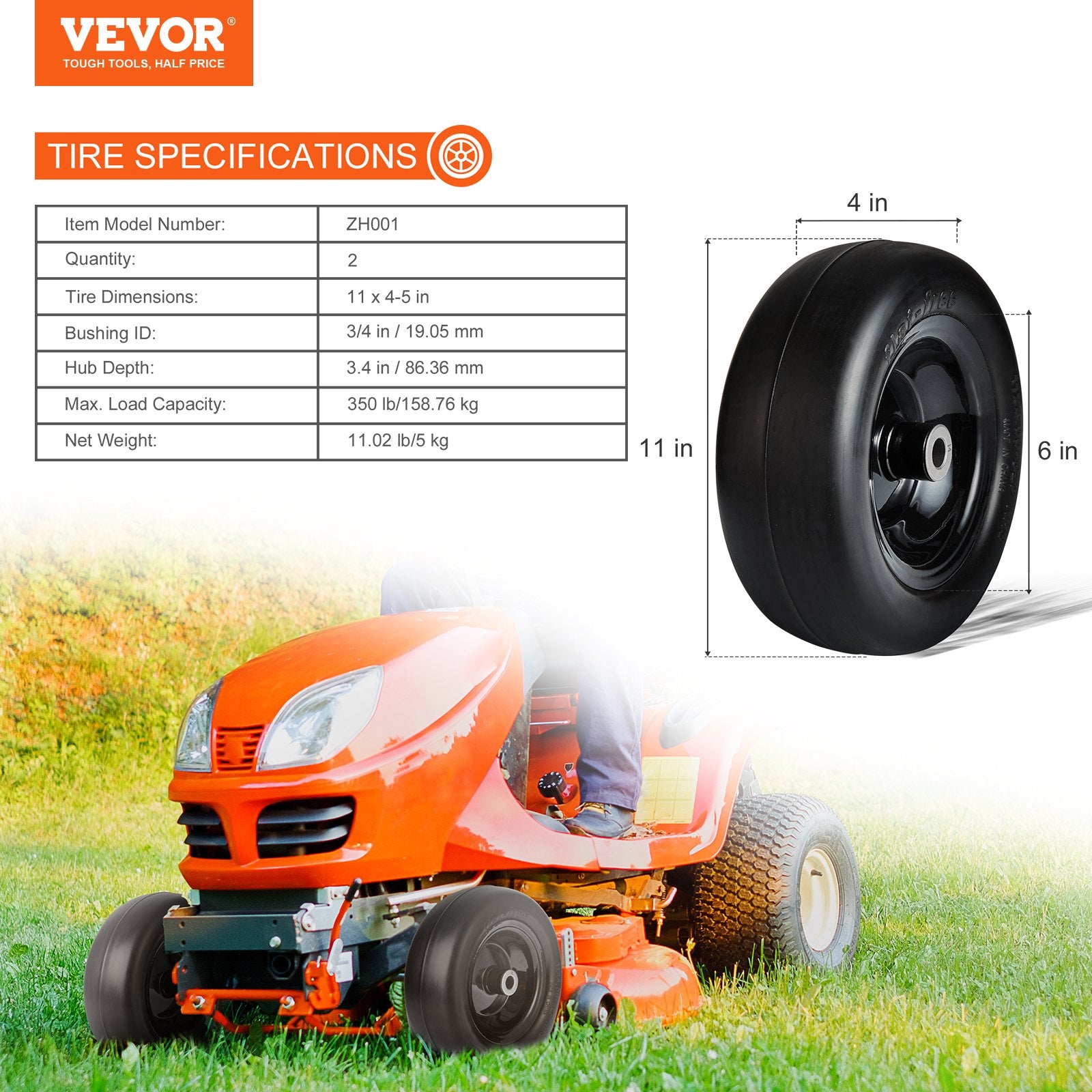 Lawn Mower Tires with Rim, 11x4-7" Tubeless Tractor Tires, 2-Pack Tire and Wheel Assemby, Flat-free PU Tire, V952-GCJLZ11X45SXTCAWDV0