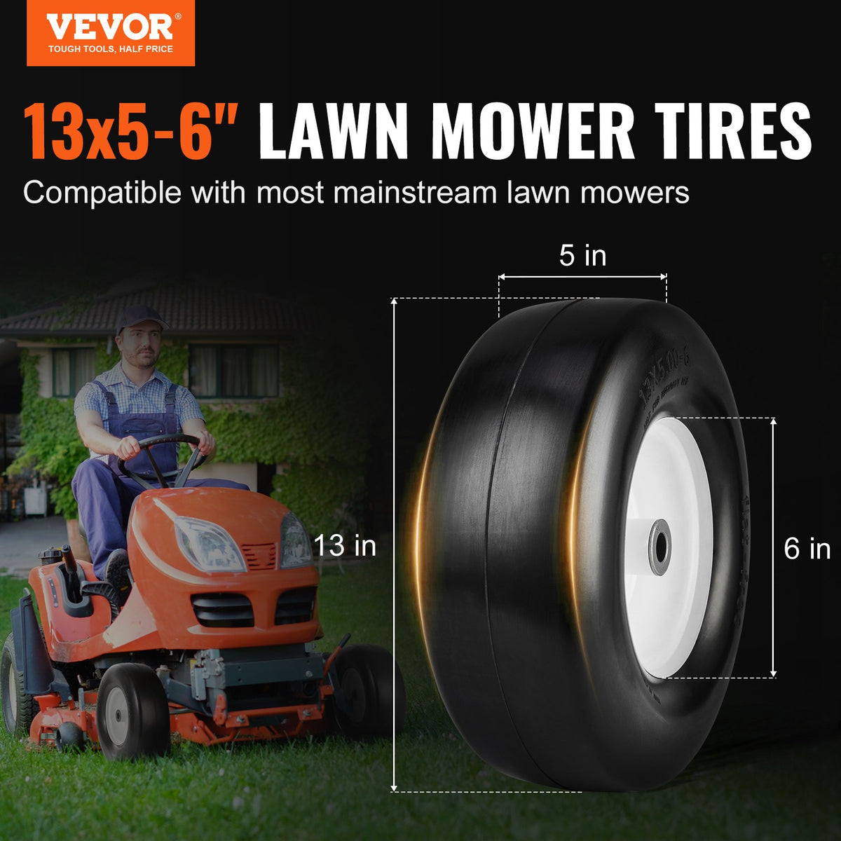 Lawn Mower Tires with Rim, 13x5-6" Tubeless Tractor Tires, 2-Pack Tire and Wheel Assembly, Flat-free PU V952-GCJLZZXLG13XLCXLGV0