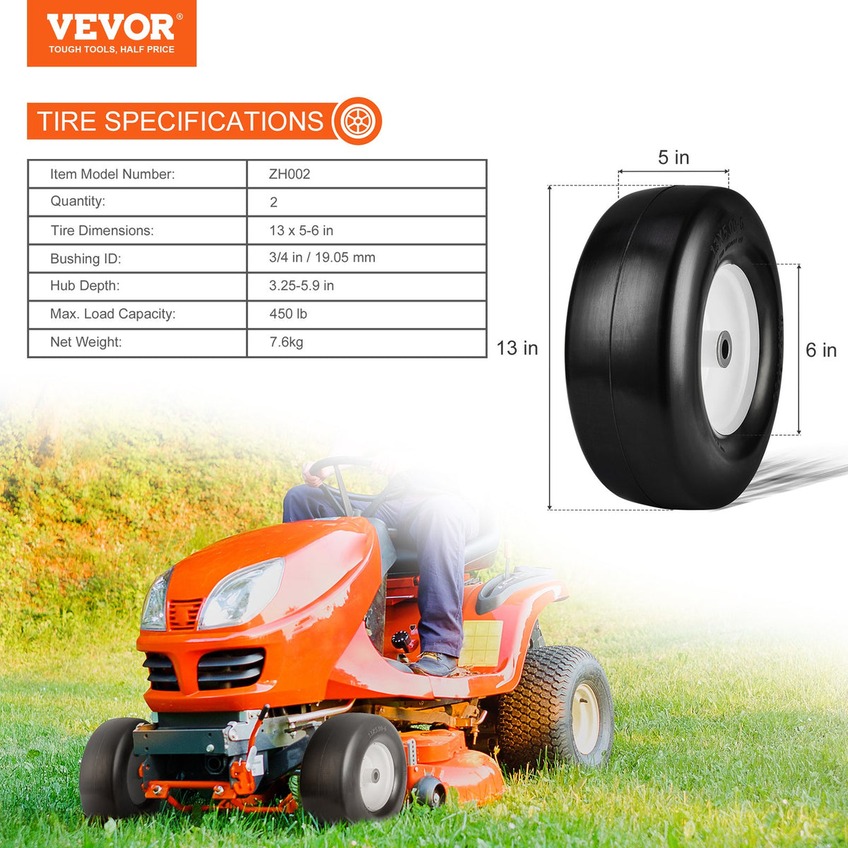Lawn Mower Tires with Rim, 13x5-6" Tubeless Tractor Tires, 2-Pack Tire and Wheel Assembly, Flat-free PU V952-GCJLZZXLG13XLCXLGV0