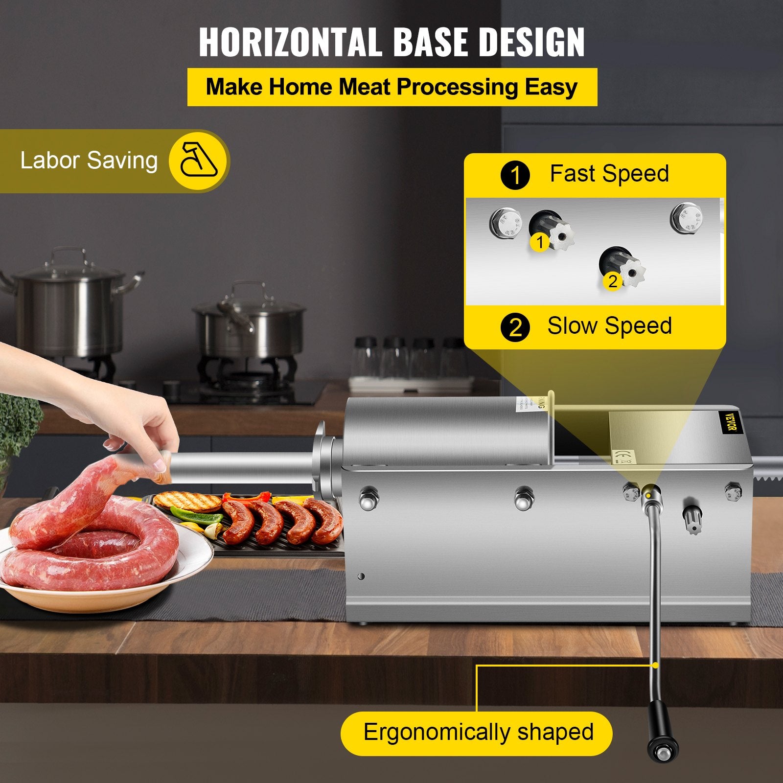 Manual Sausage Stuffer, 3 L / 7 LBS Horizontal Sausage Machine, Dual-Speed Meat Stuffer, Made of Food-Grade V952-GCJSDSPS3L0000001V0